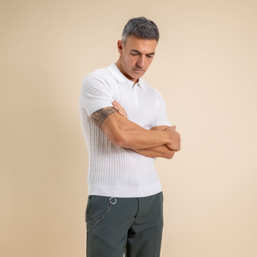 Polo in maglia a treccia con tre bottoni - Bianco
