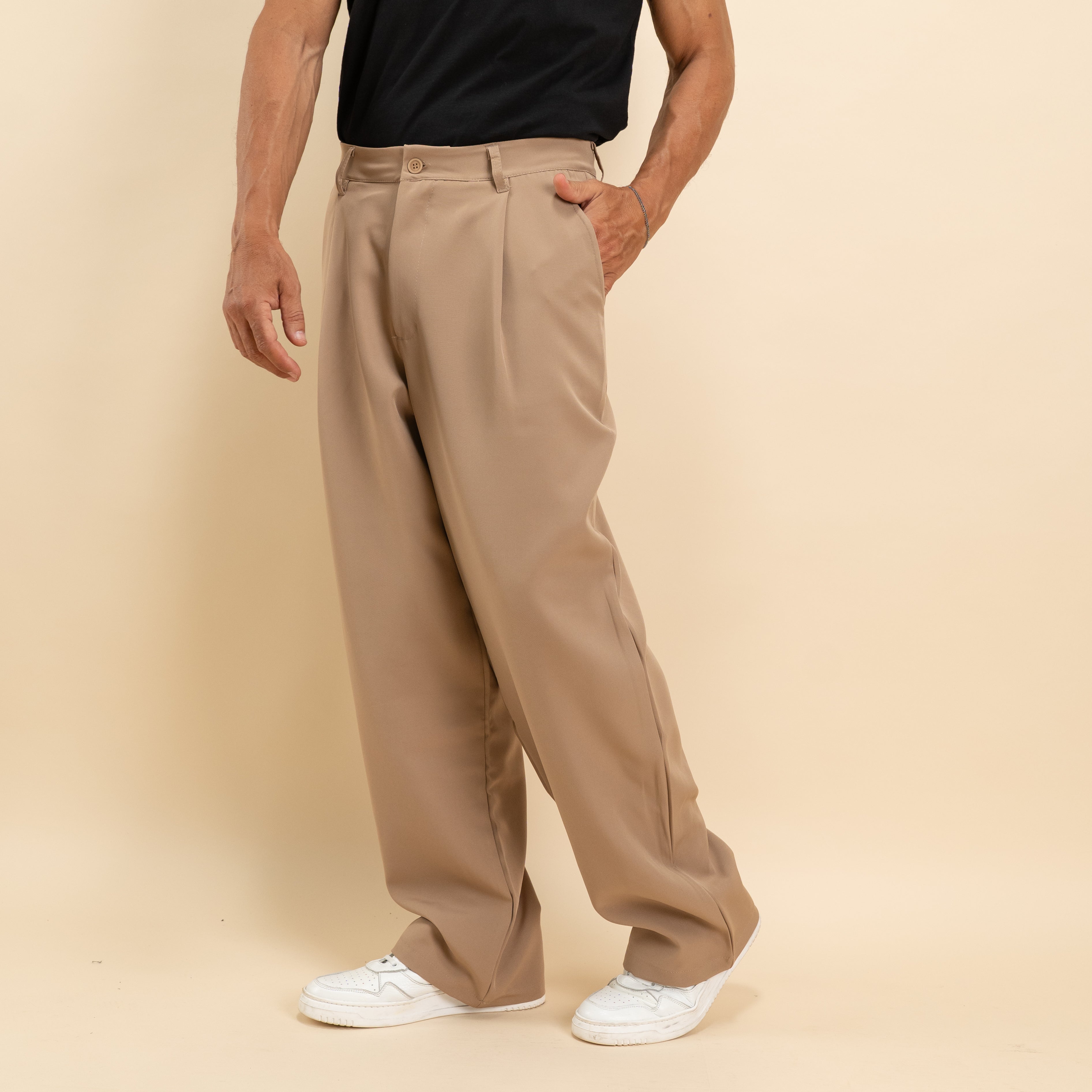 Pantalone palazzo con pinces fondo largo - Camel