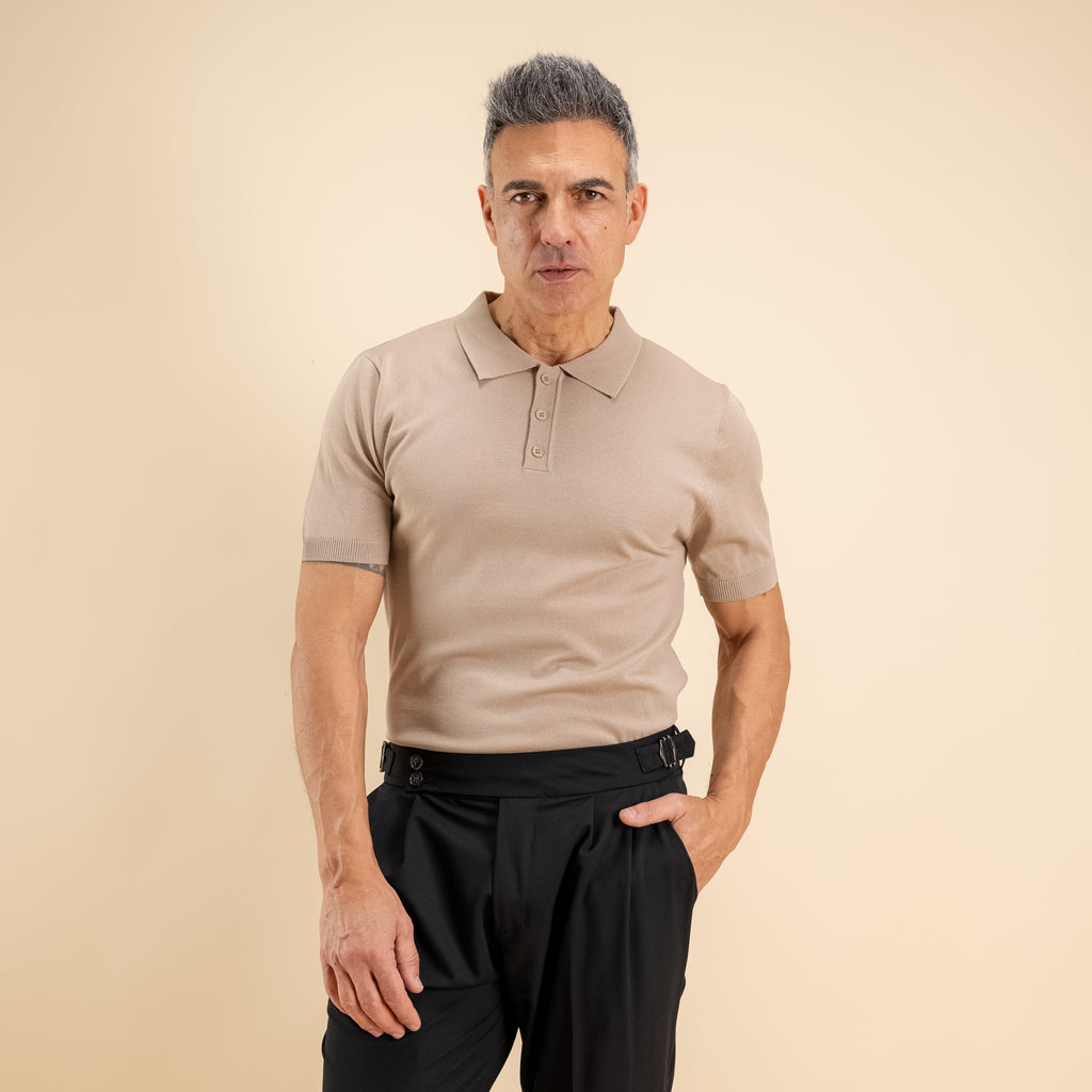 Polo in Filo a Manica Corta - Beige