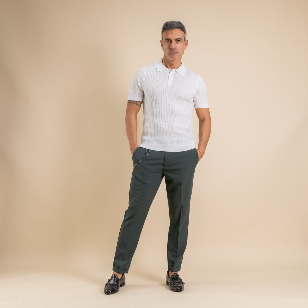 Polo in maglia a treccia con tre bottoni - Bianco