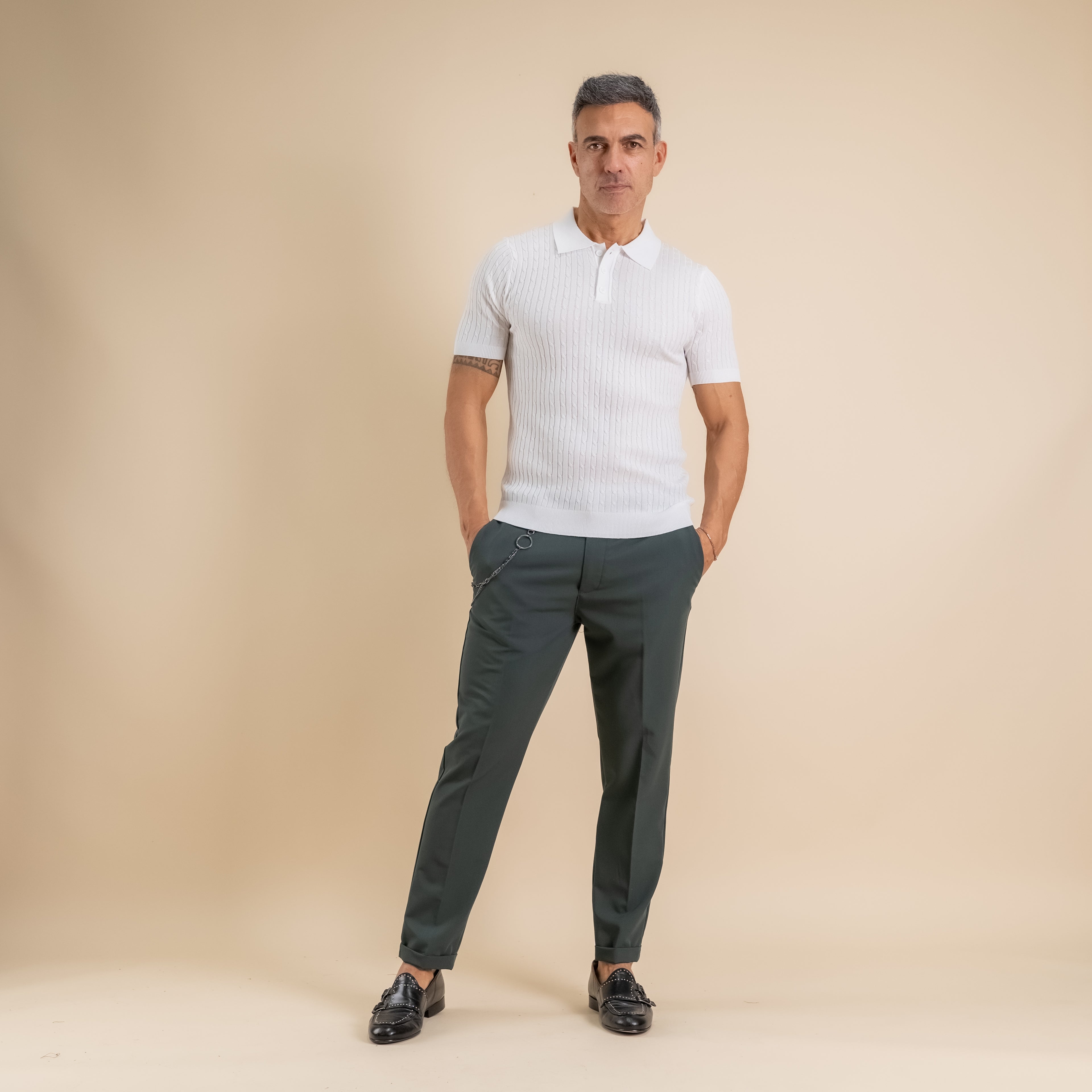 Polo in maglia a treccia con tre bottoni - Bianco