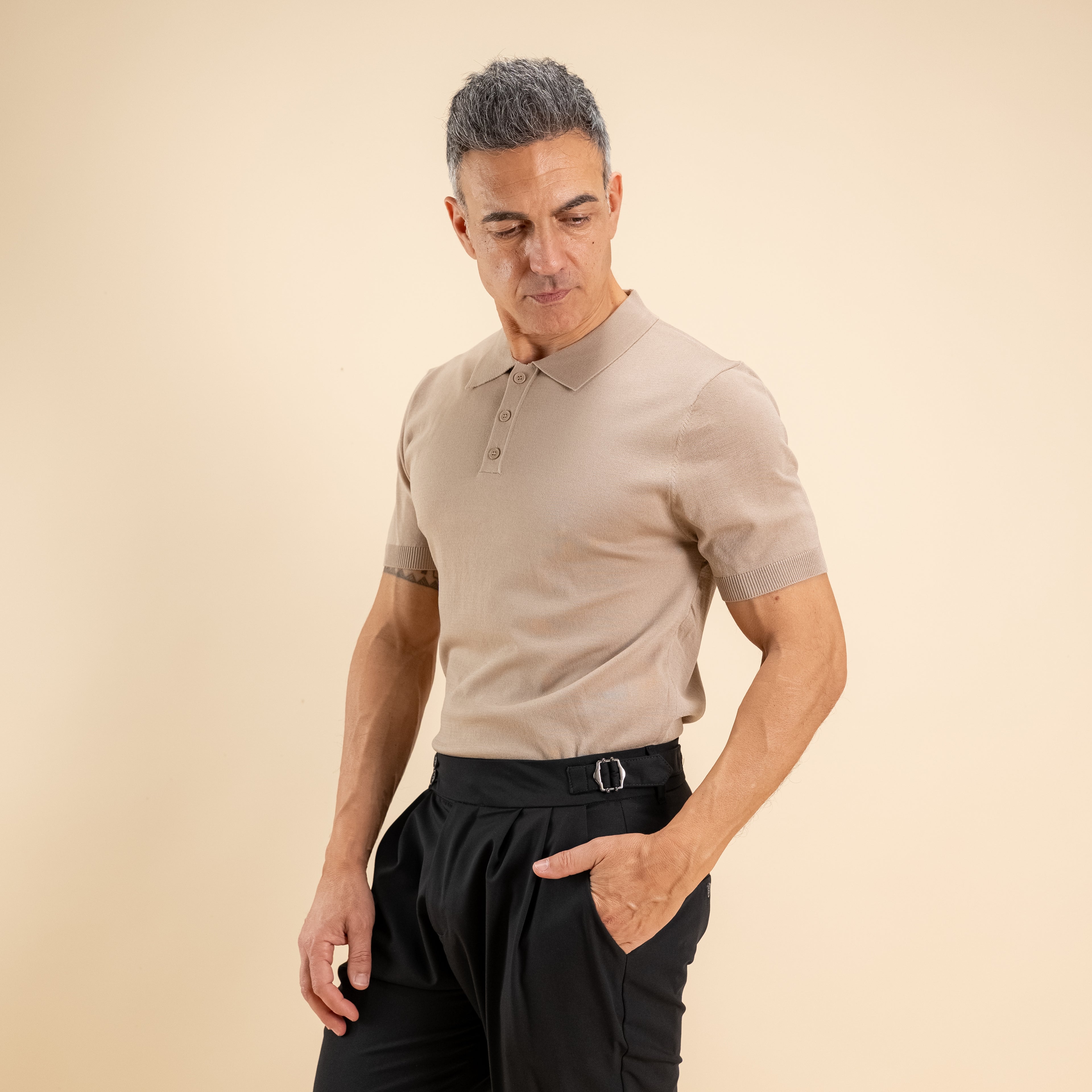 Polo Manga Corta De Hilo Con Botones - Beige