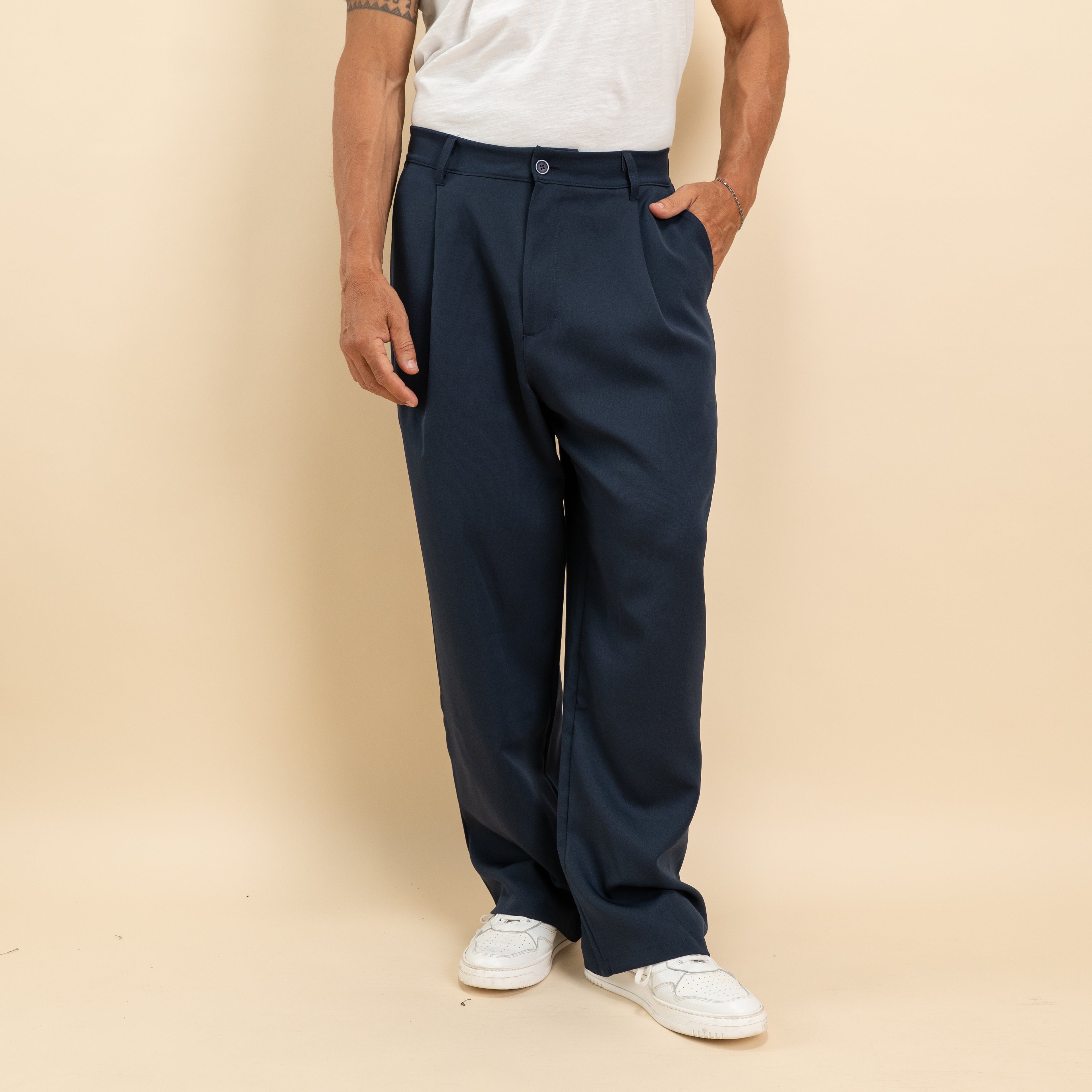 Pantalone palazzo con pinces fondo largo - Blu