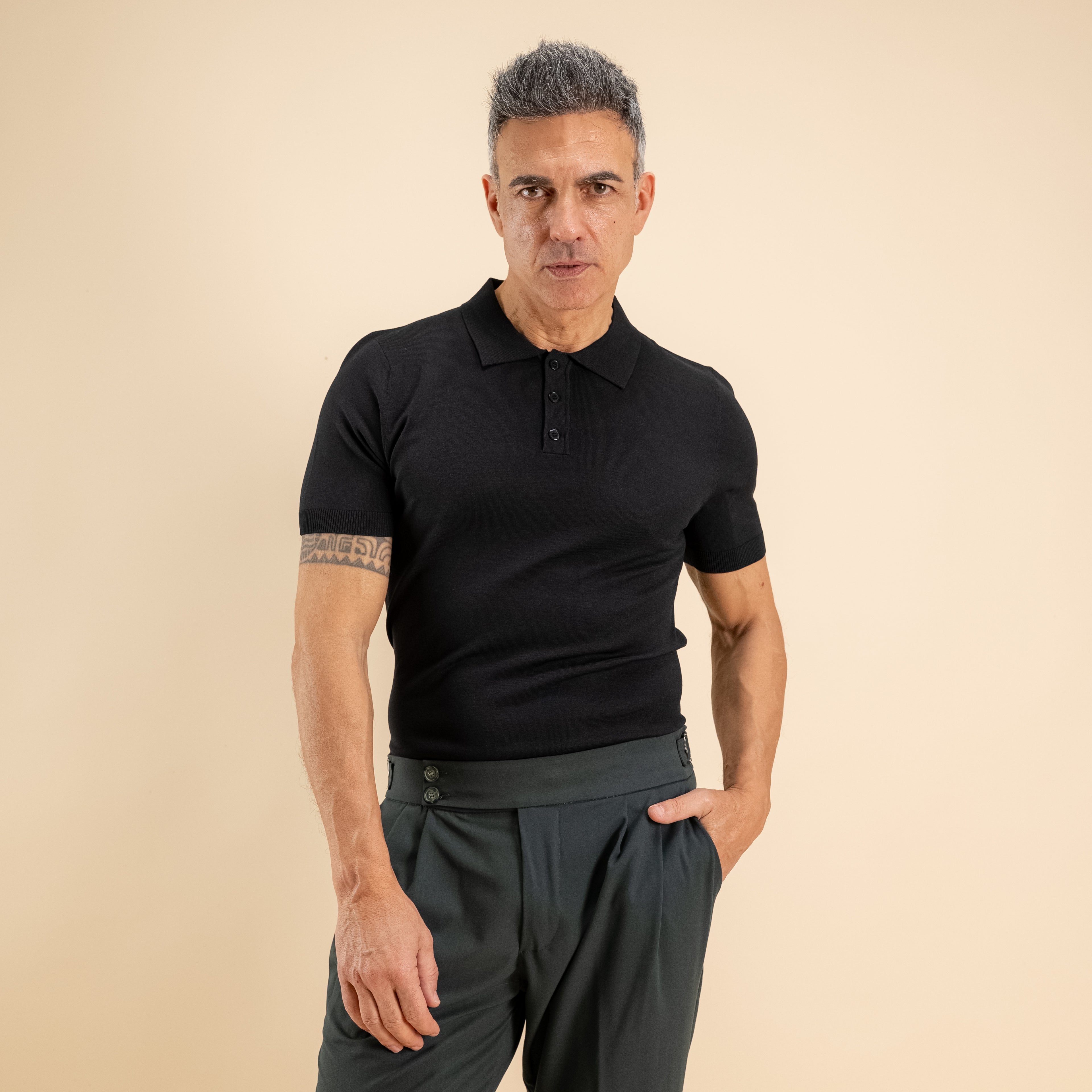 Polo de Hilo de Manga Corta - Negro