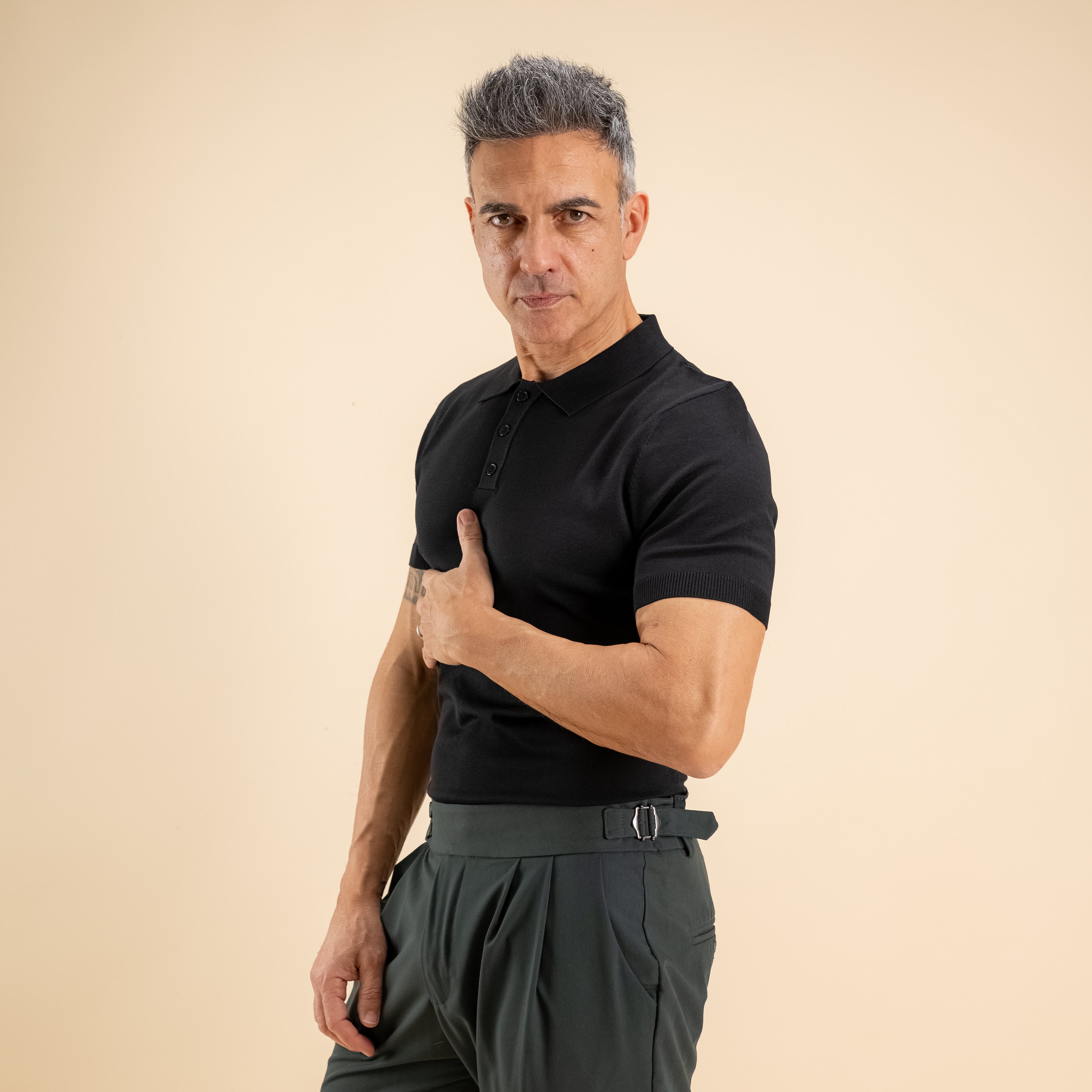 Polo de Hilo de Manga Corta - Negro