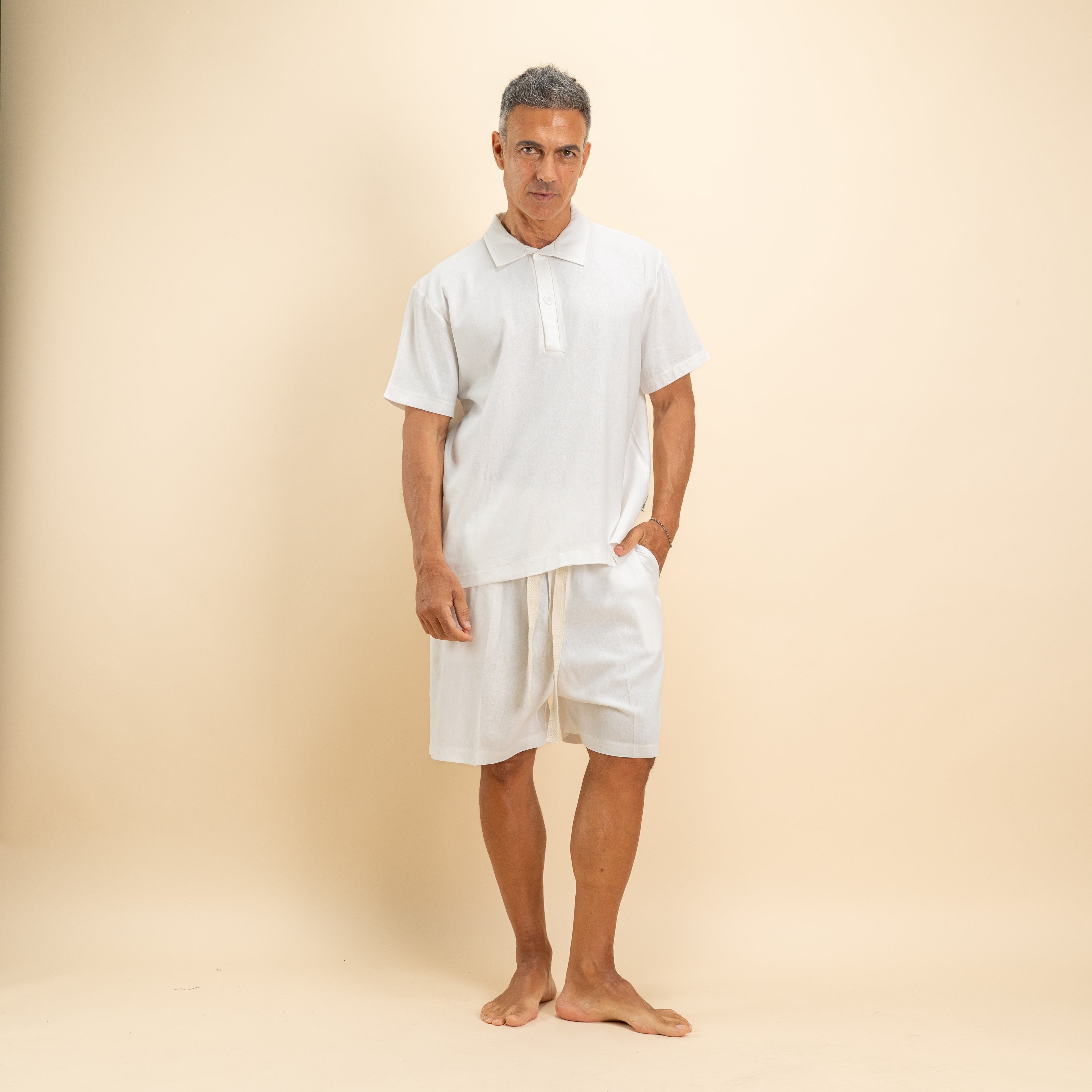 Coordinato polo e bermuda in misto lino - Bianco