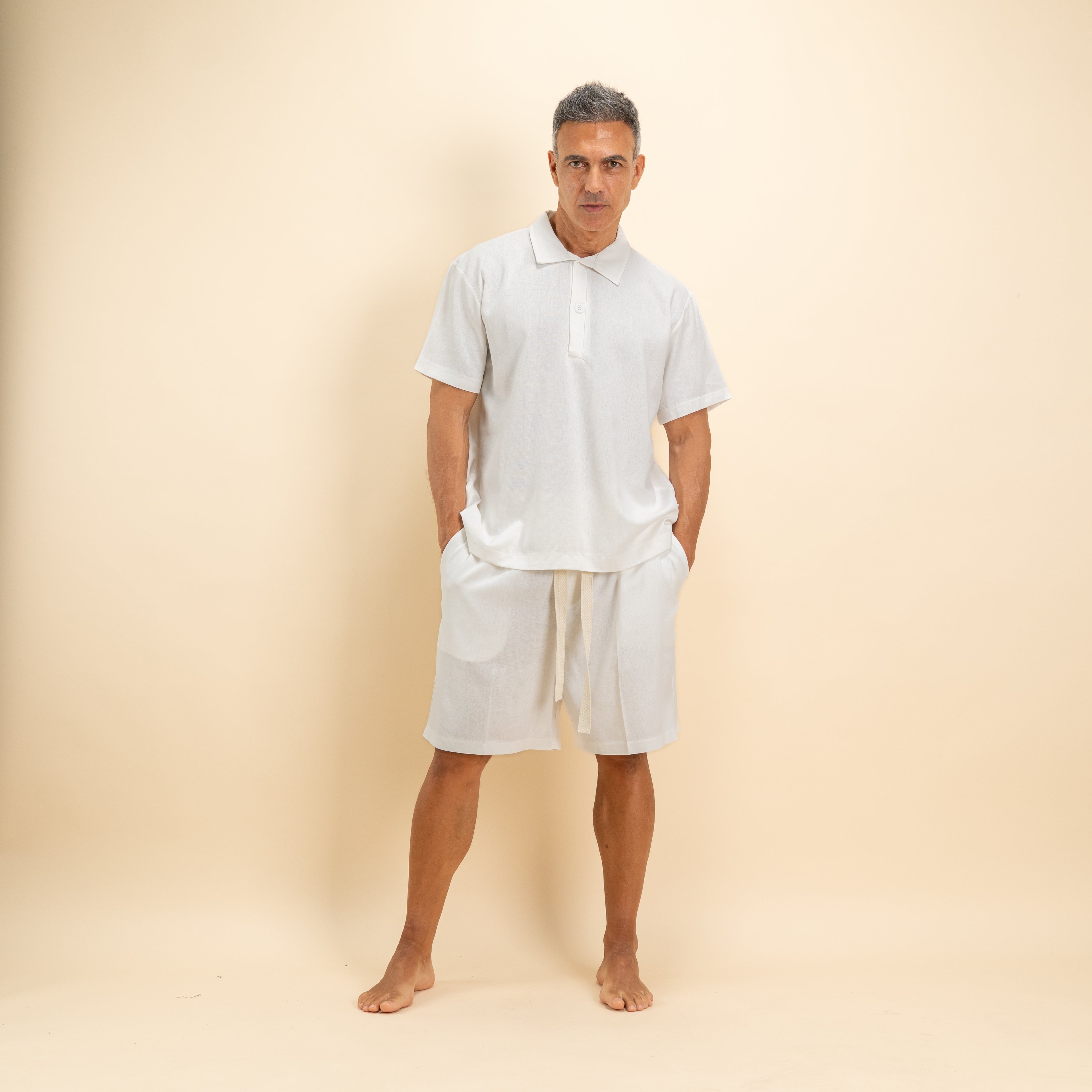 Coordinato polo e bermuda in misto lino - Bianco