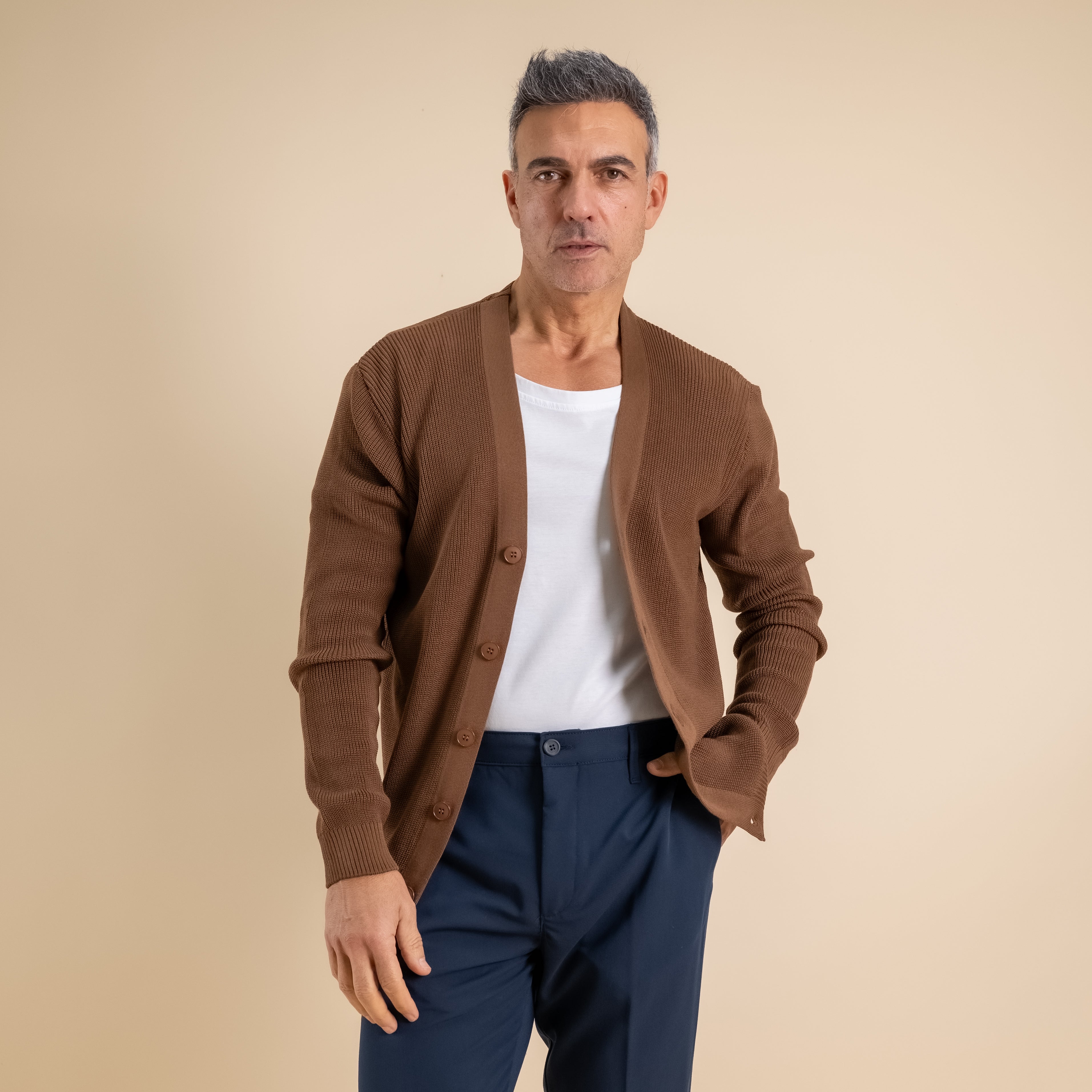 V-Neck Knit Cardigan – Brown