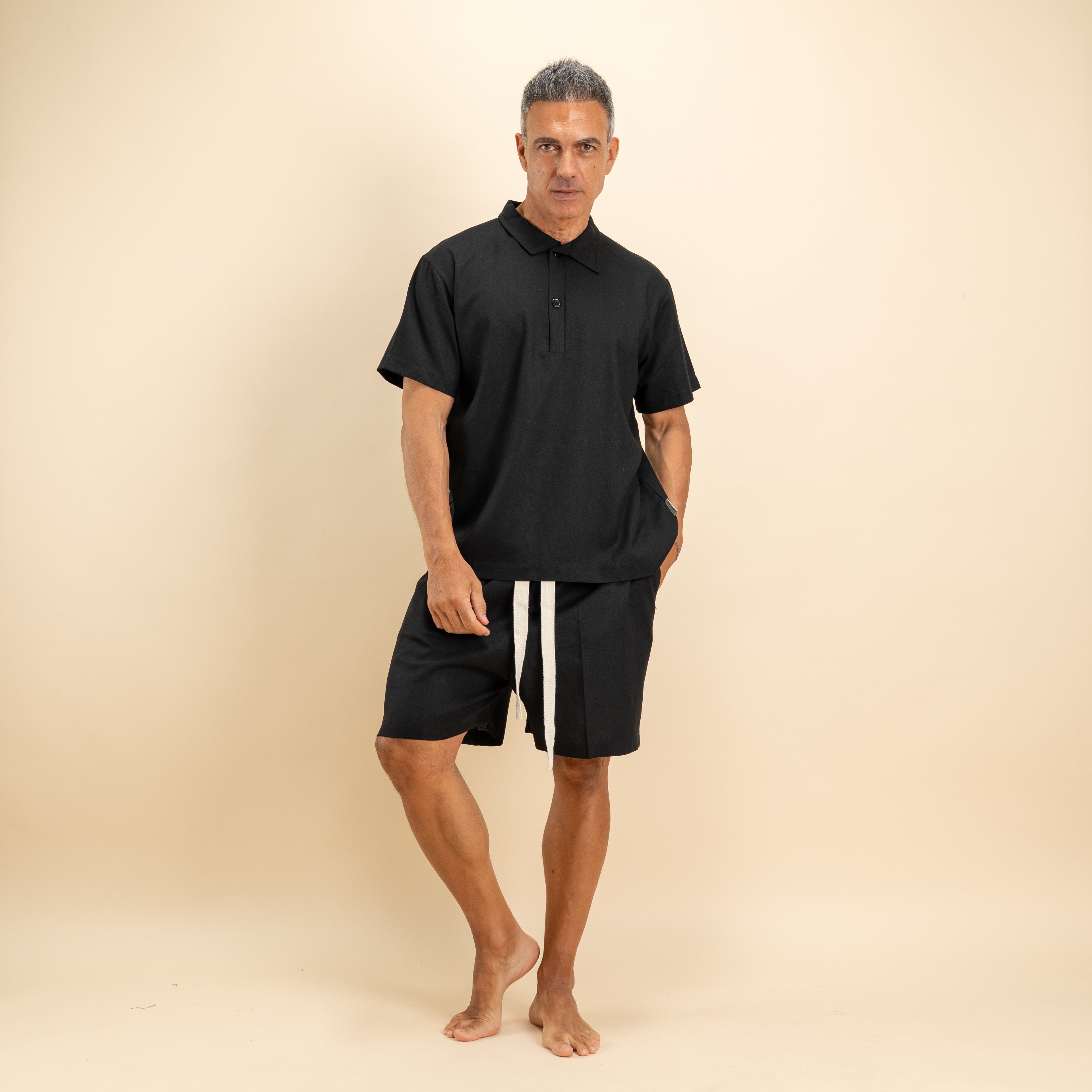 Coordinato polo e bermuda in misto lino - Nero