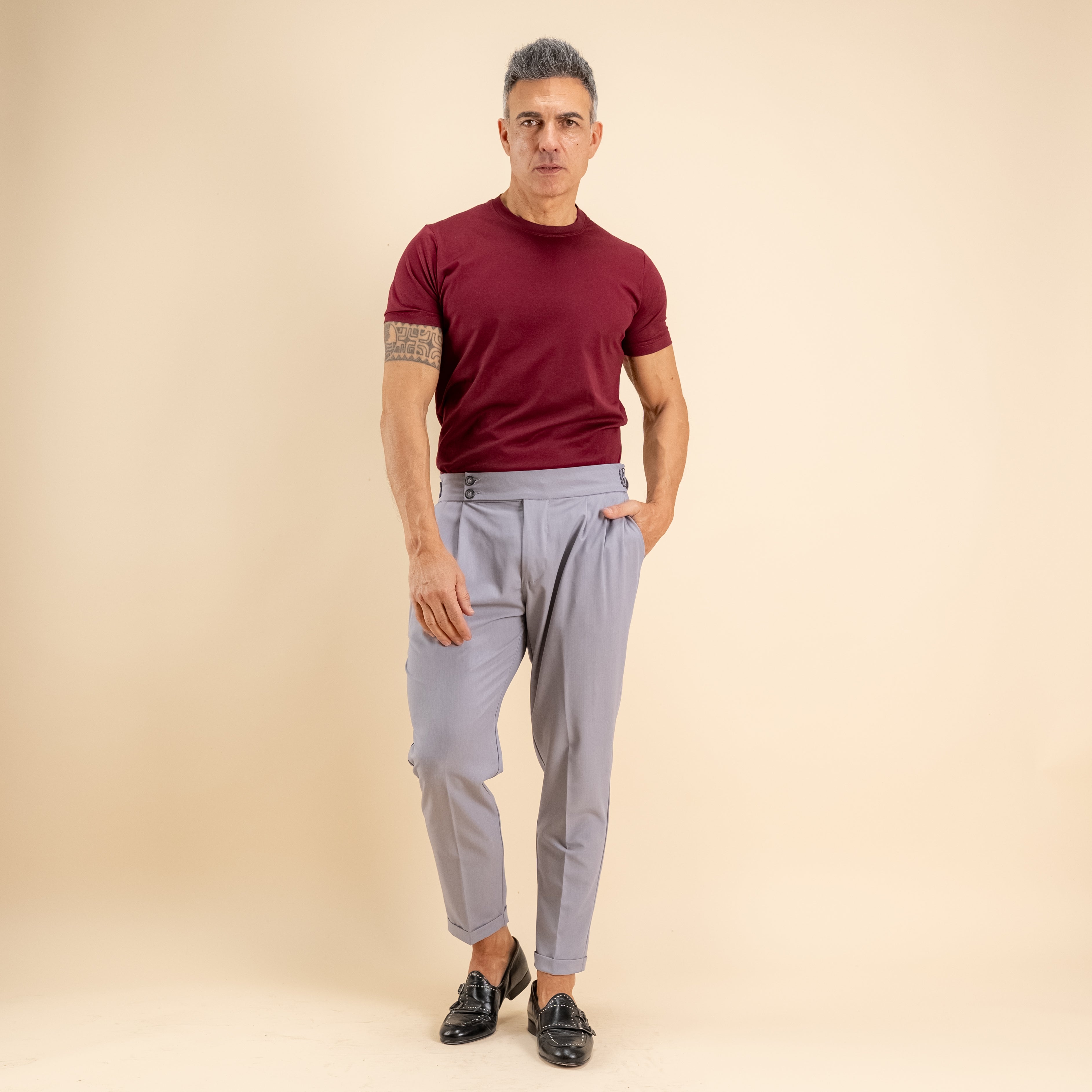 Pantalone con bustino e fibbia laterale - Grigio