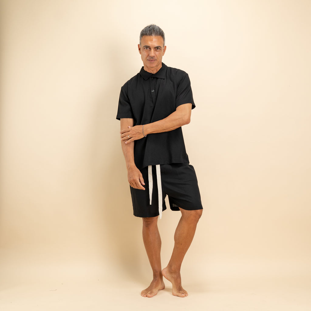 Coordinato polo e bermuda in misto lino - Nero