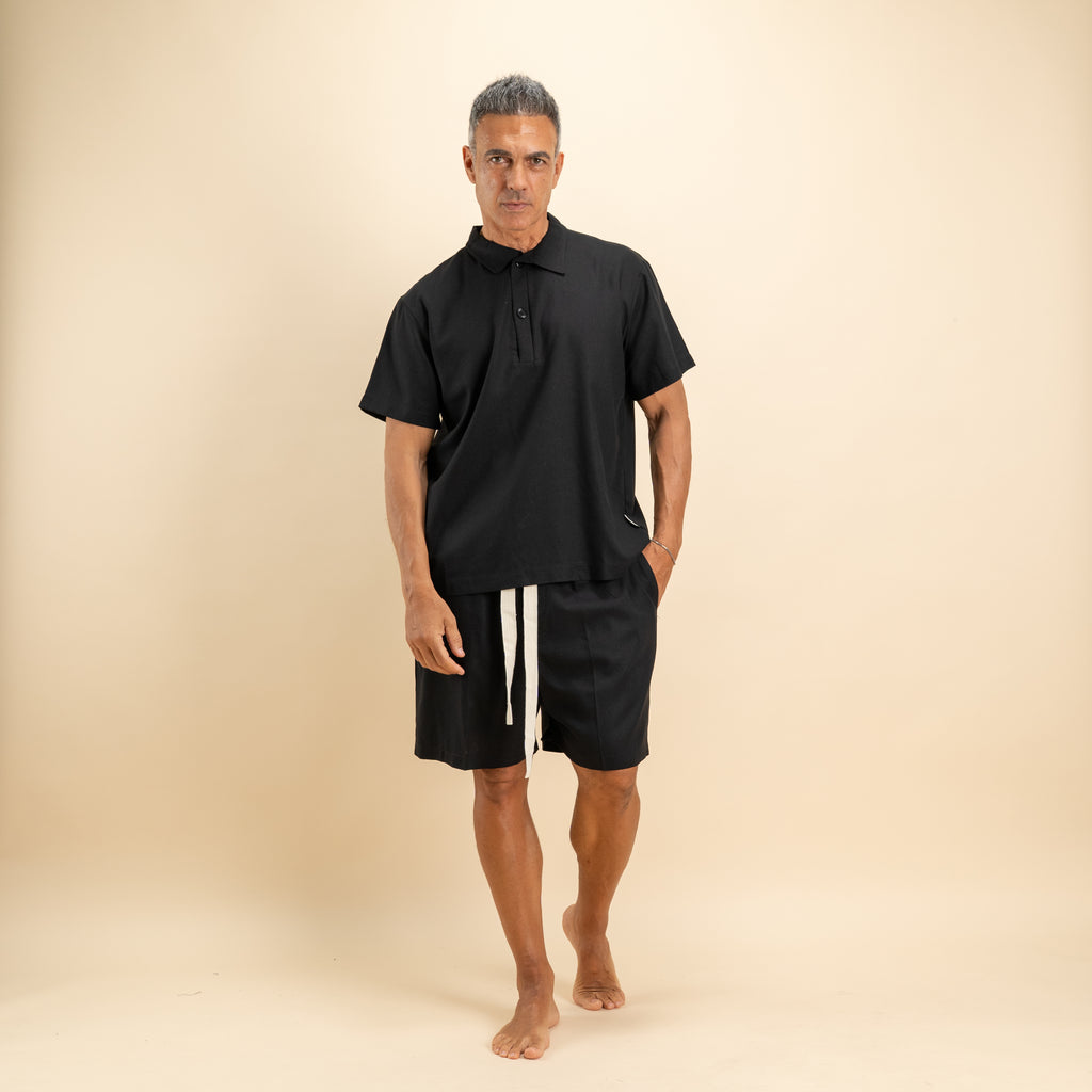 Coordinato polo e bermuda in misto lino - Nero