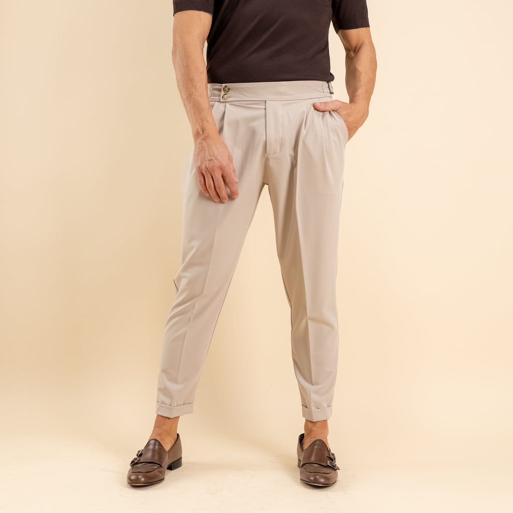 Trousers with corset waist and side buckle - Beige