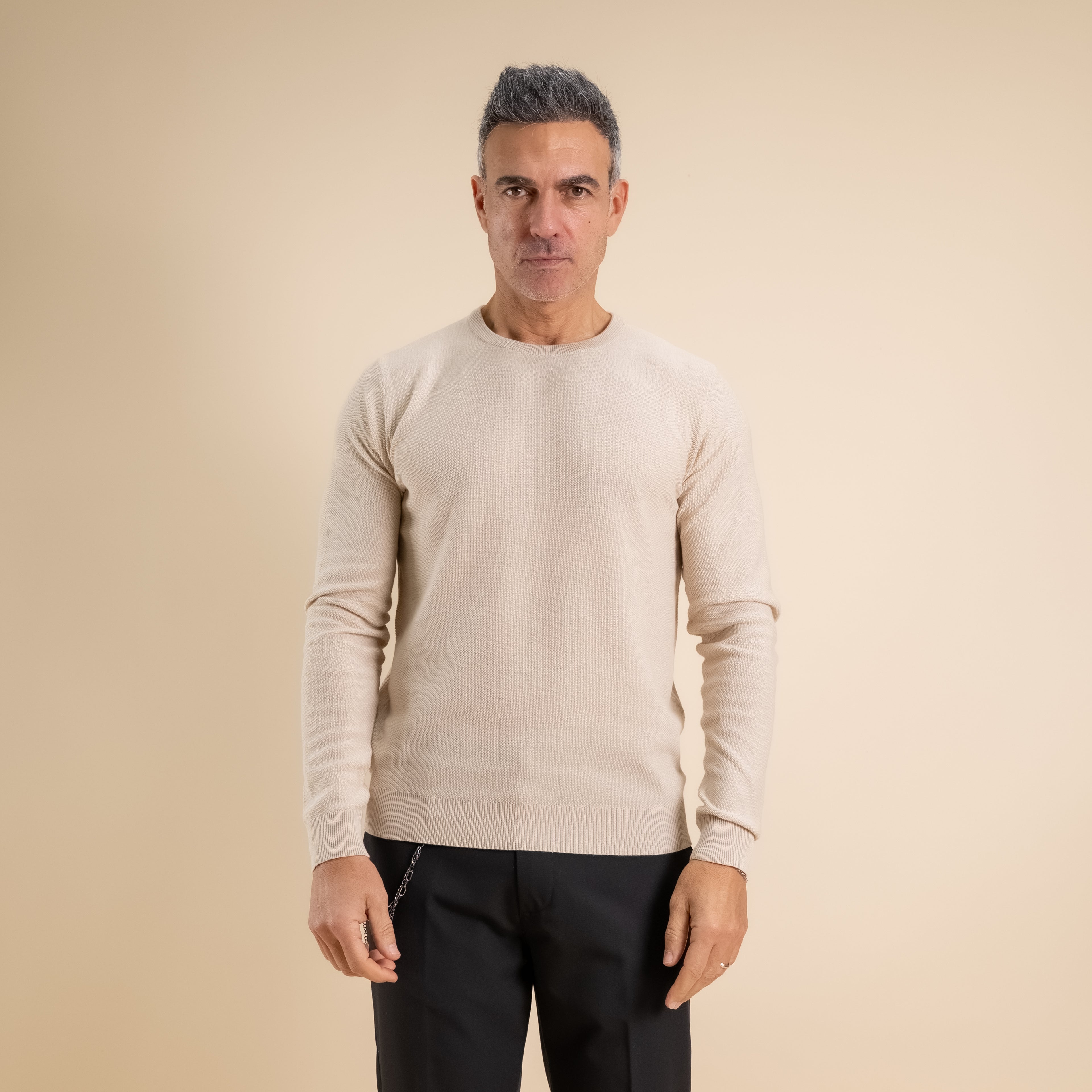 100% Piquet Cotton Crew Neck Sweater - Beige