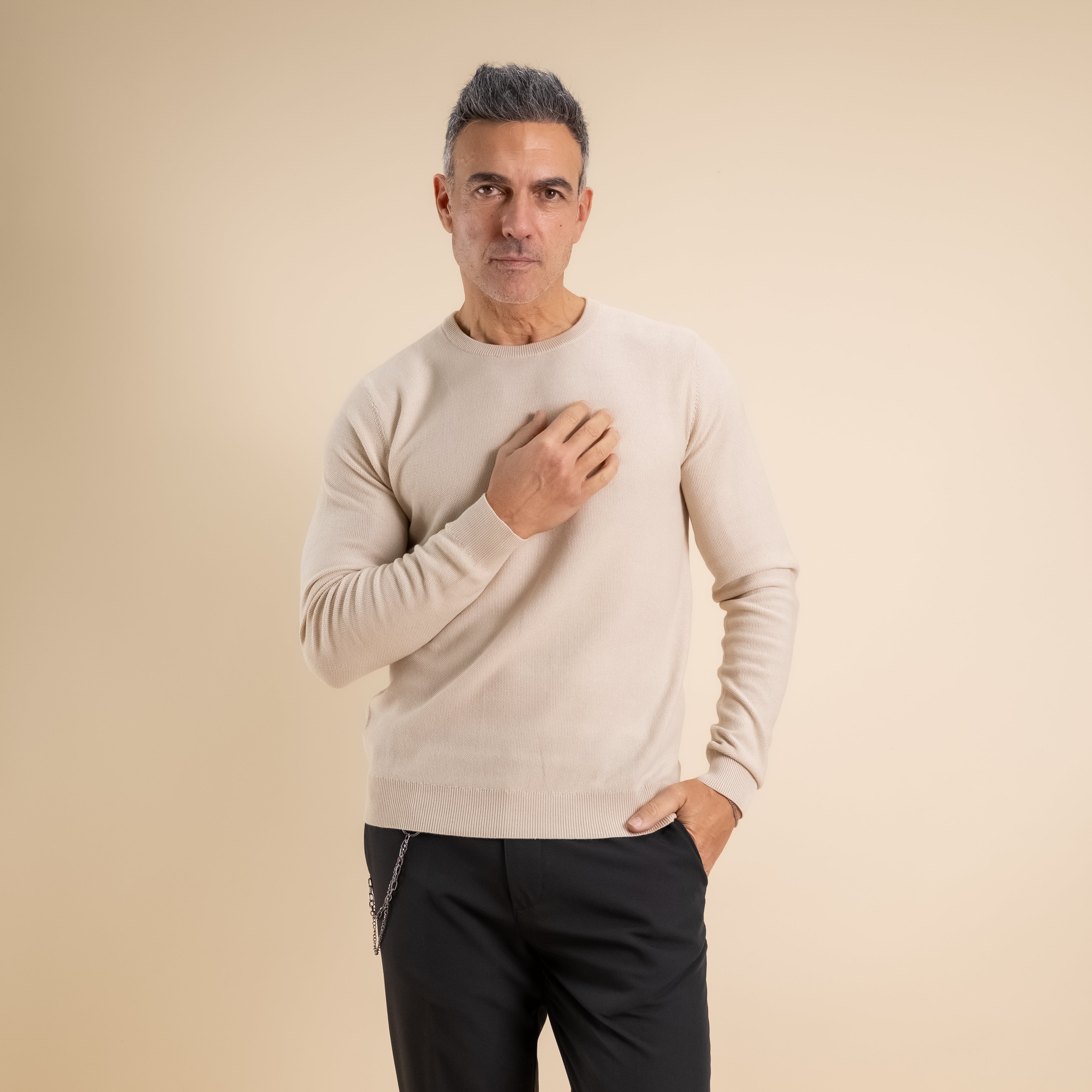 100% Piquet Cotton Crew Neck Sweater - Beige