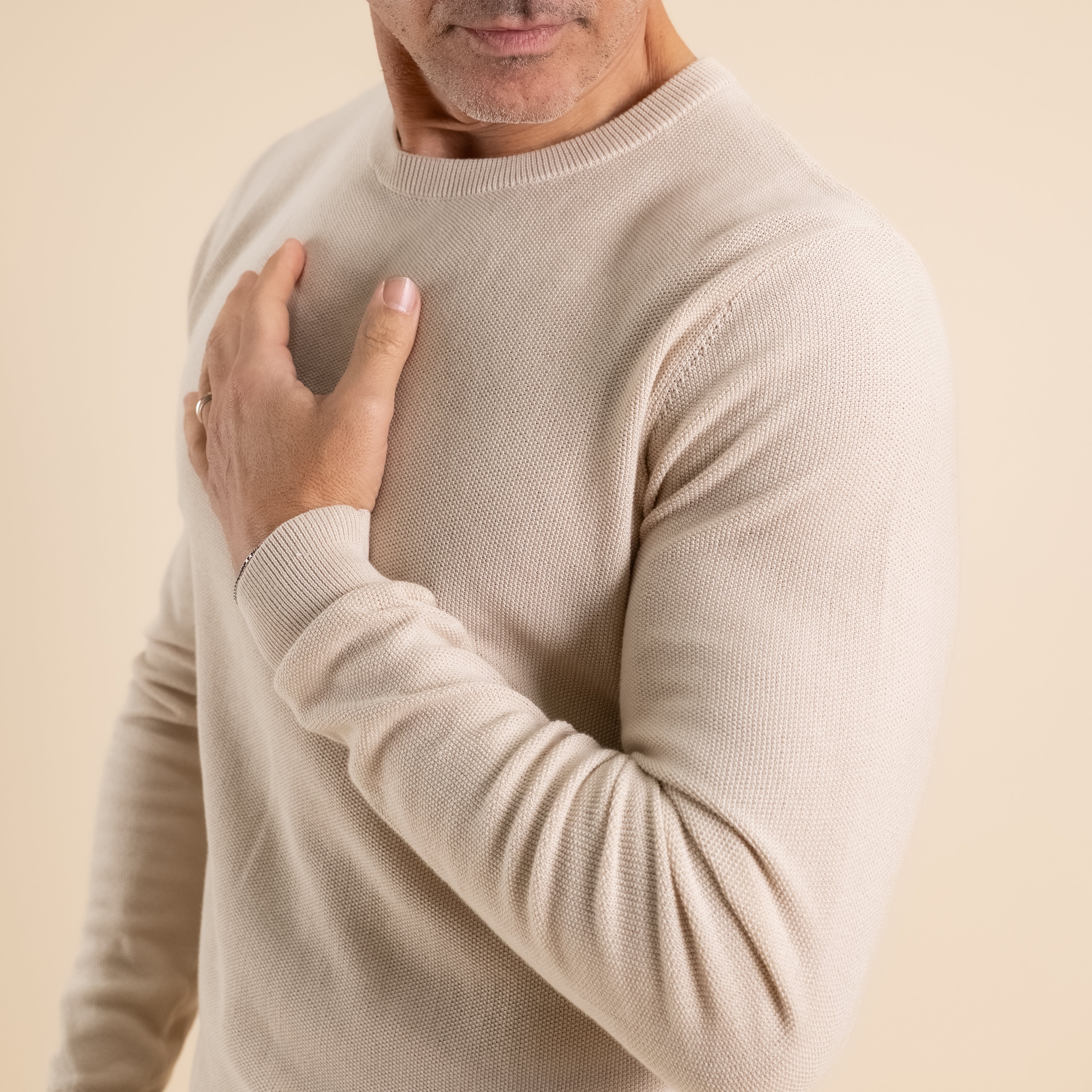 100% Piquet Cotton Crew Neck Sweater - Beige