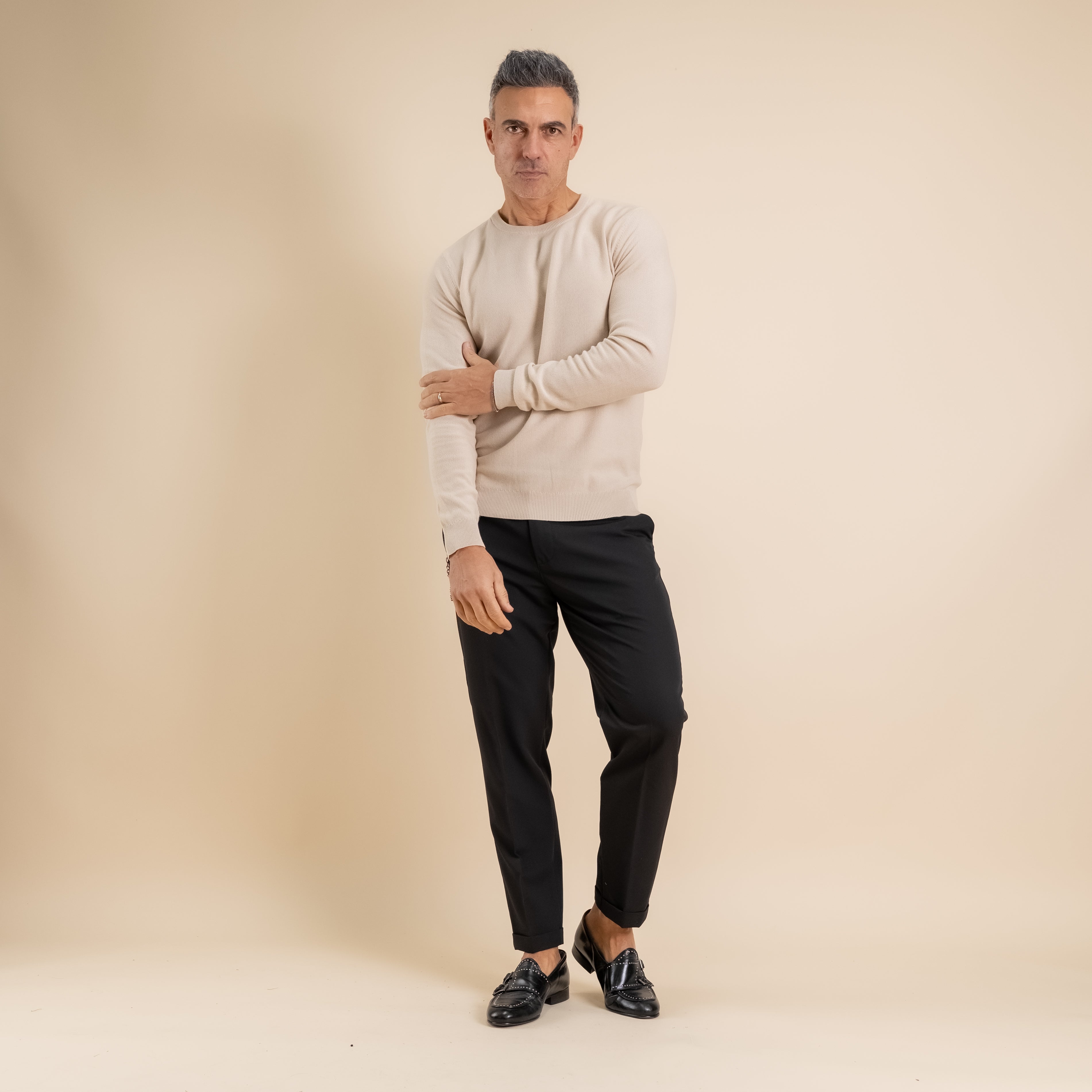 100% Piquet Cotton Crew Neck Sweater - Beige