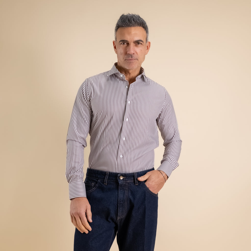 Camicia slim fit a righe strette - Moro