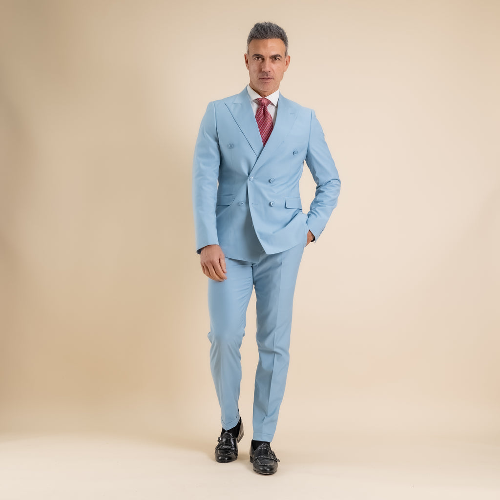Double-breasted suit and trousers with slacks - Light blue