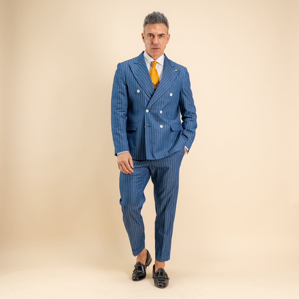 Abito doppio petto gessato con fibbia laterale - Blu denim