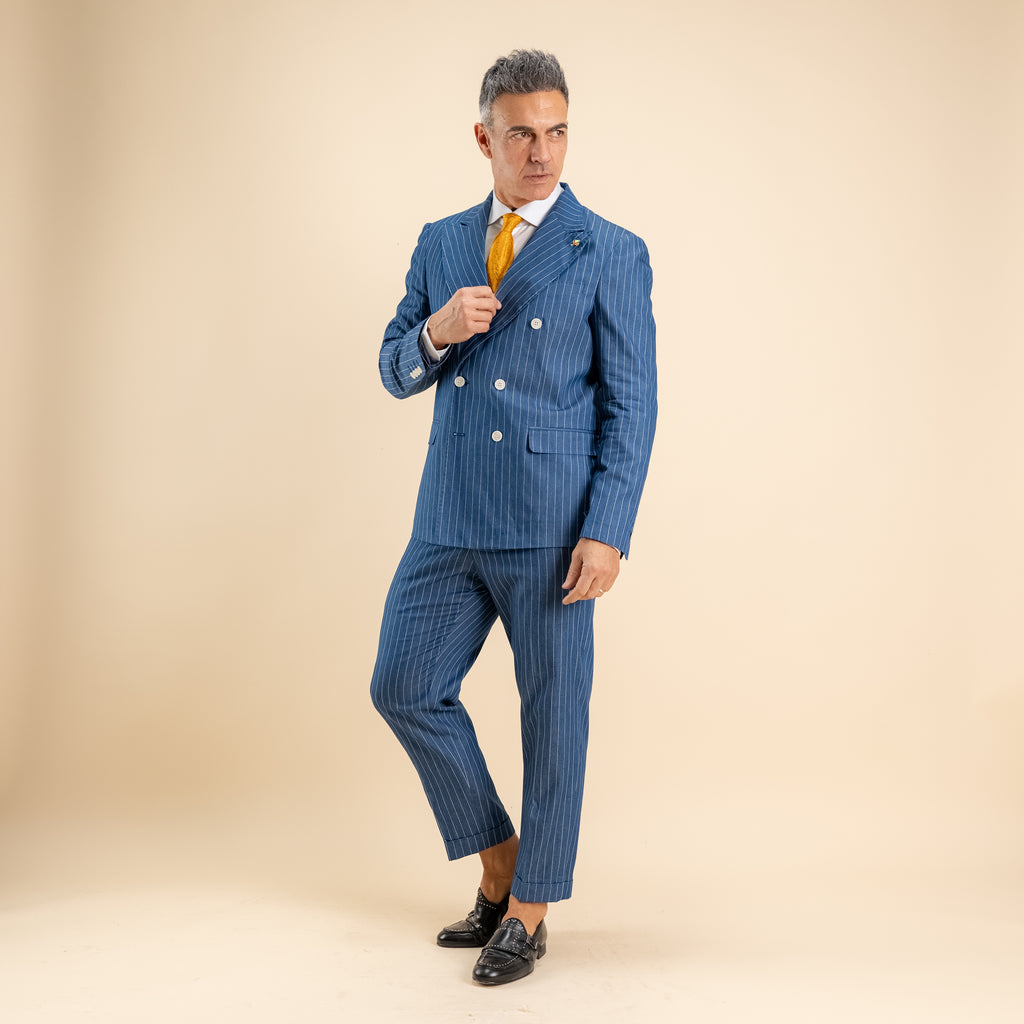 Abito doppio petto gessato con fibbia laterale - Blu denim