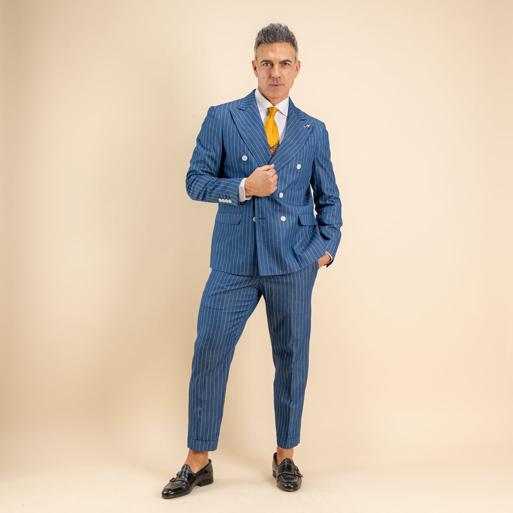 Abito doppio petto gessato con fibbia laterale - Blu denim