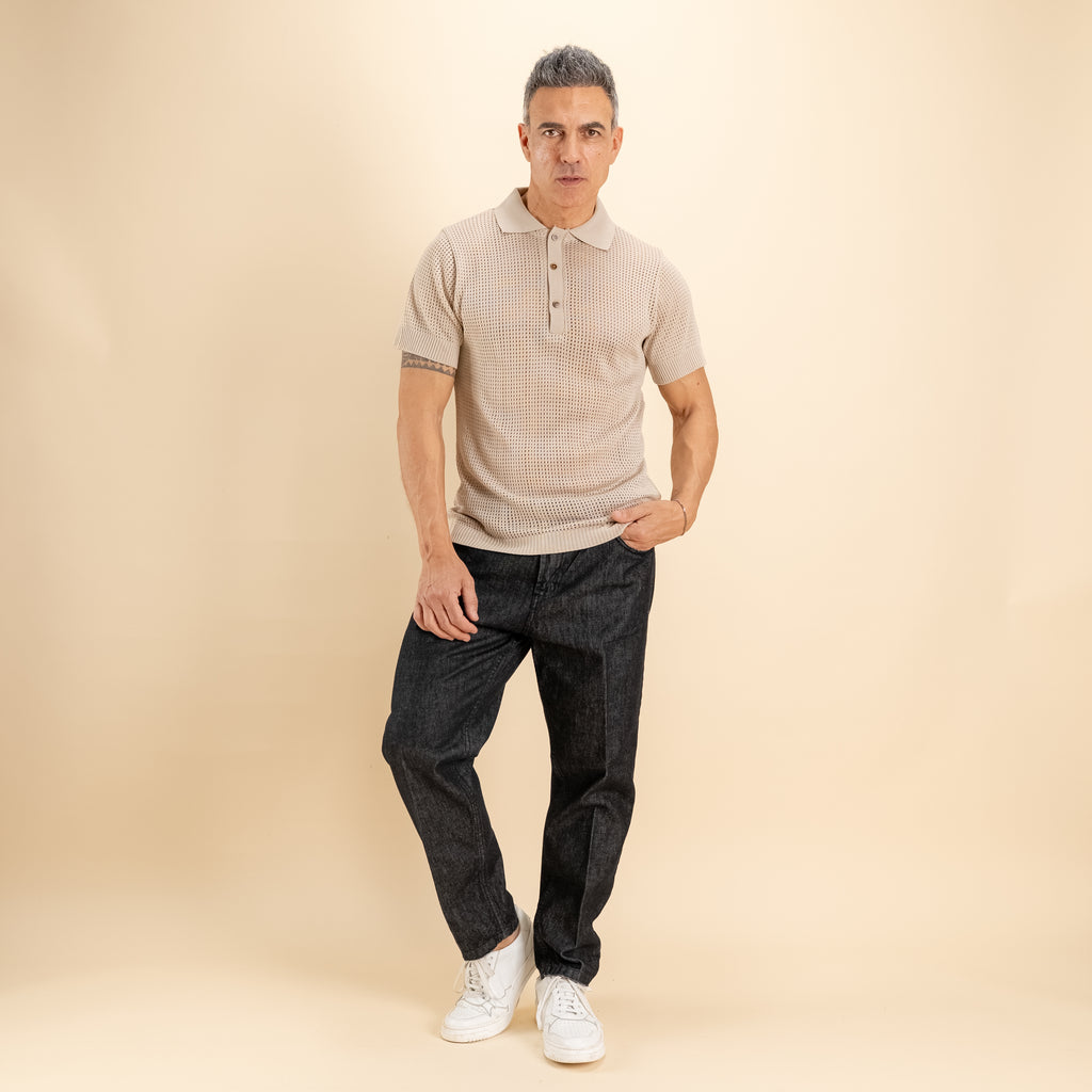 Polo traforata con bottoni a contrasto - Beige