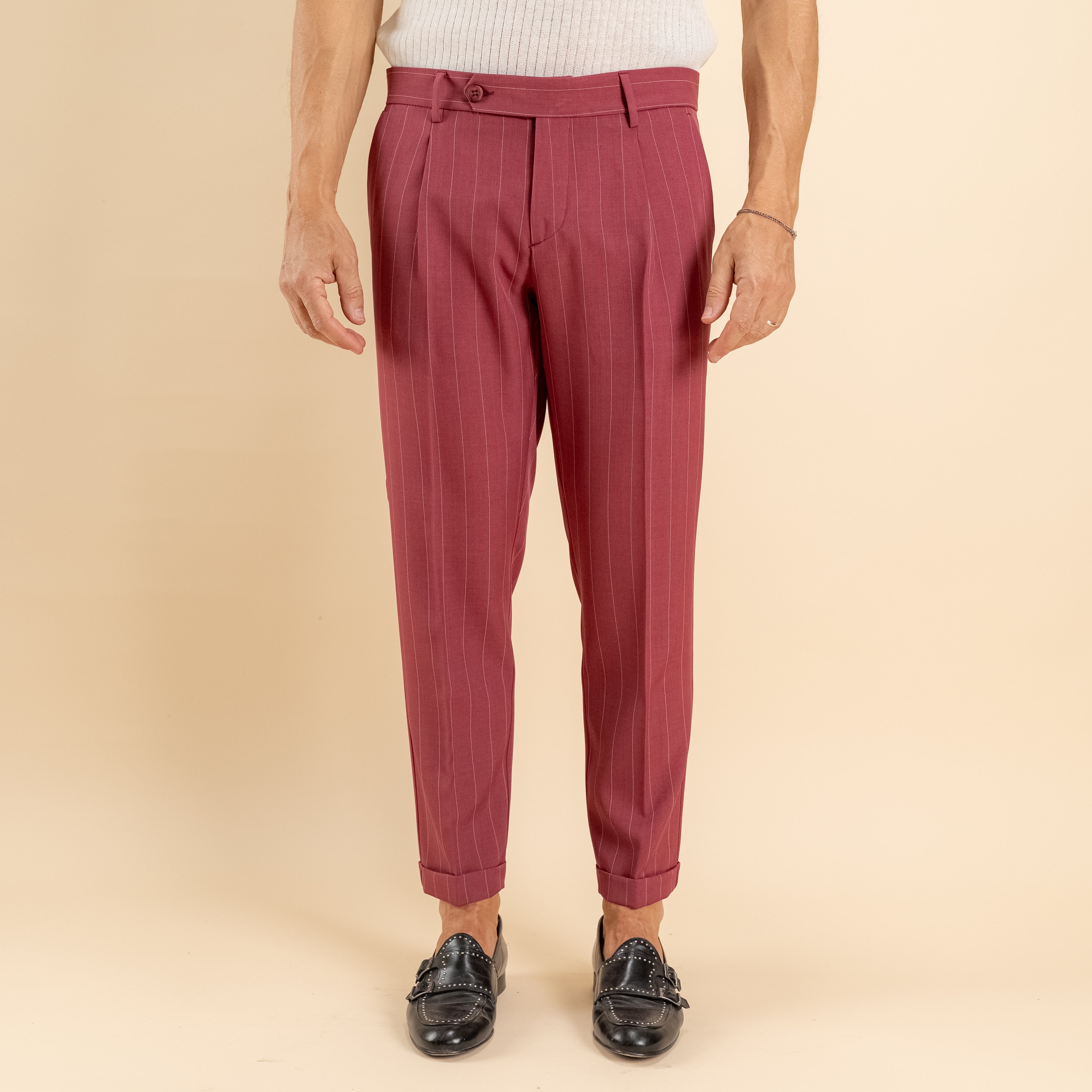 Pantalone gessato slim con chiusura laterale - Mosto