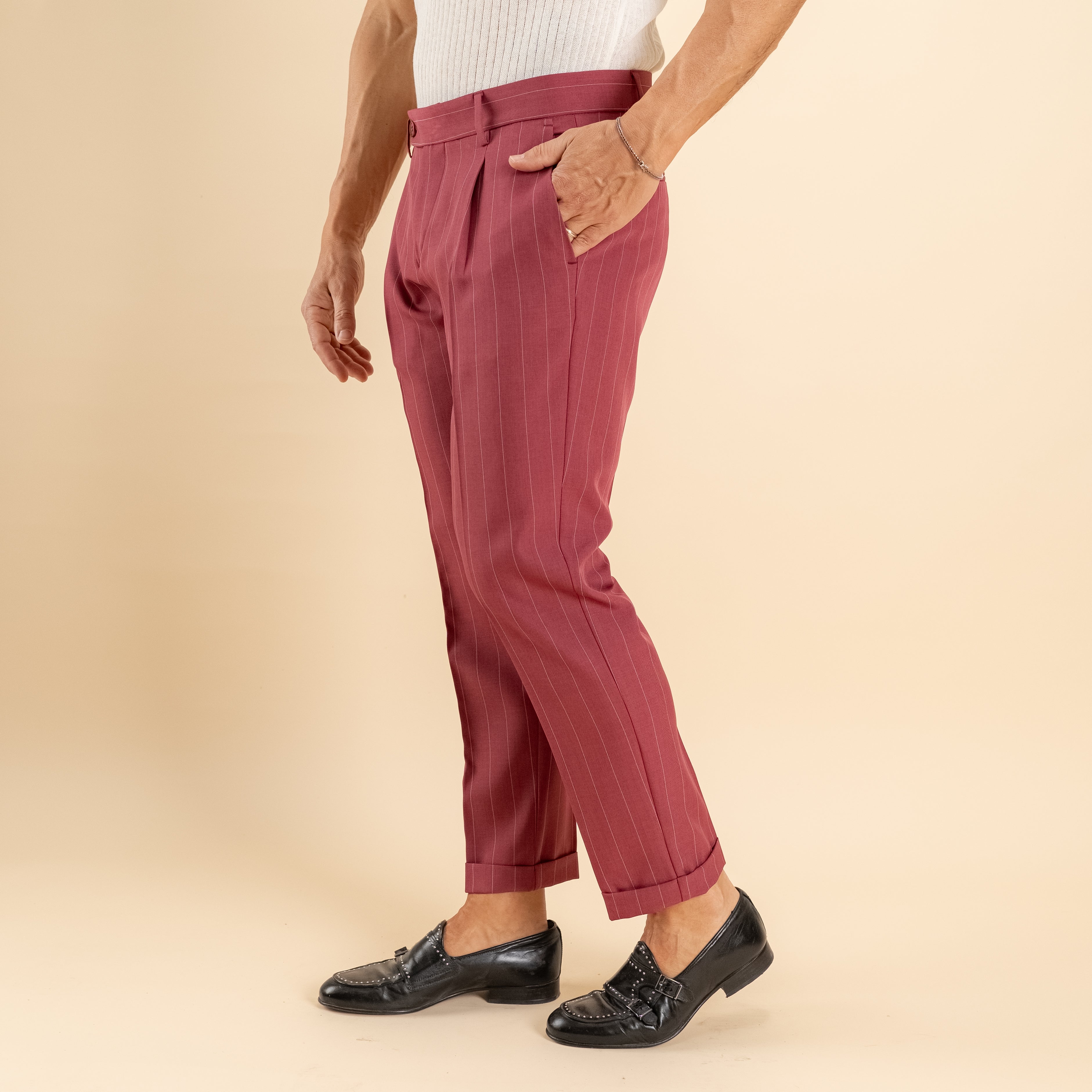 Pantalone gessato slim con chiusura laterale - Mosto
