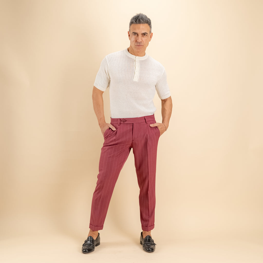 Pantalone gessato slim con chiusura laterale - Mosto