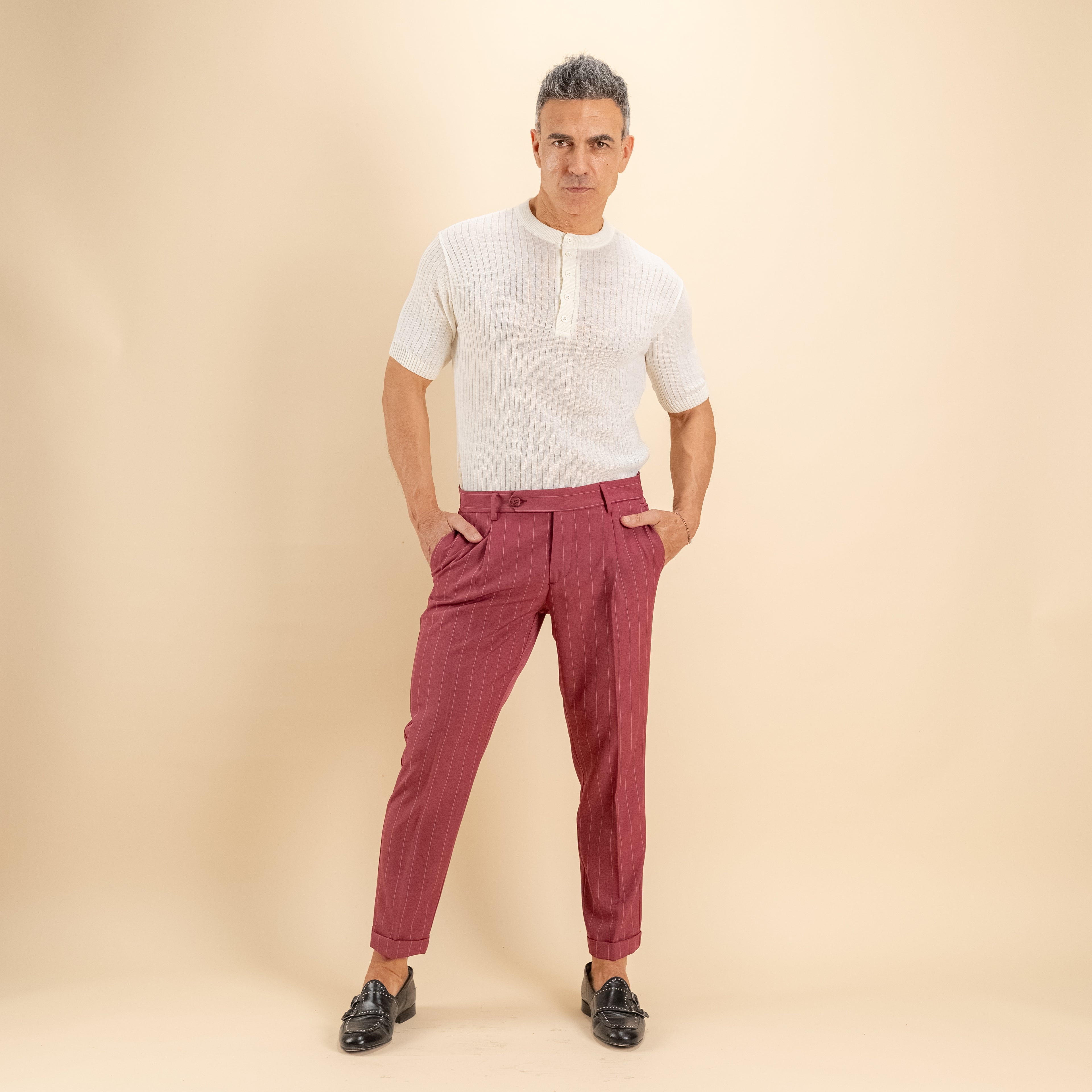 Pantalone gessato slim con chiusura laterale - Mosto