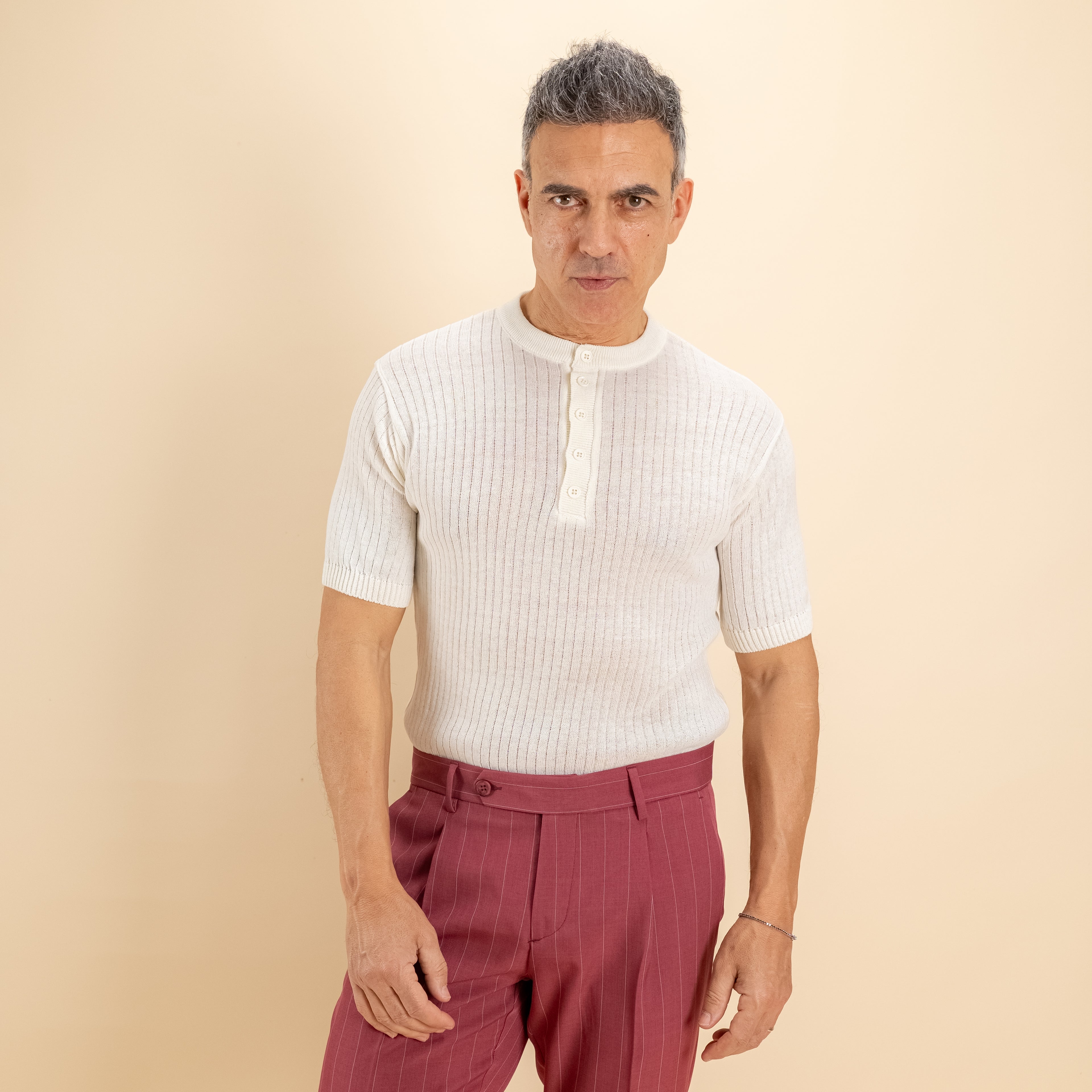 T-shirt serafino traforata - Crema