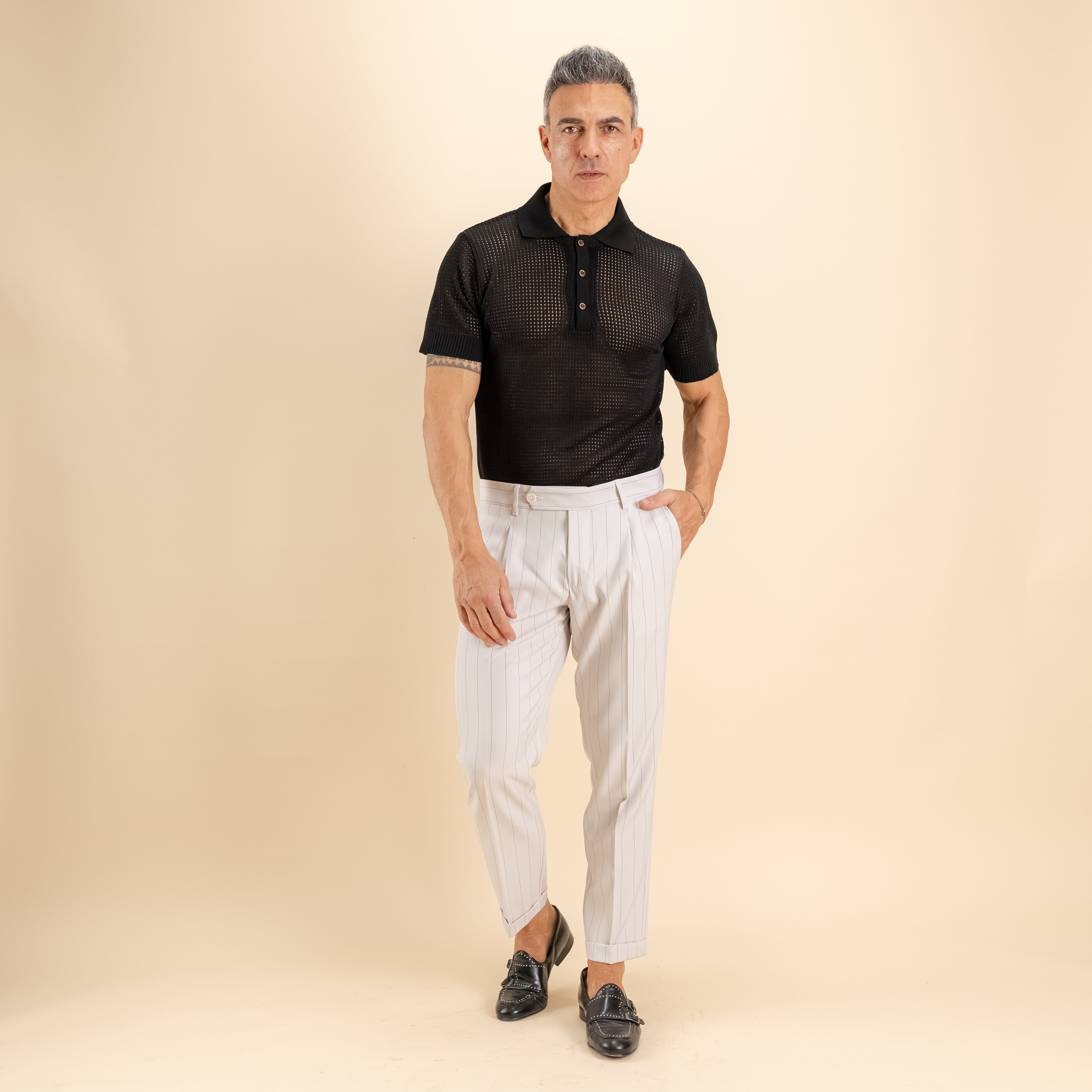 Pantalone gessato slim con chiusura laterale - Panna