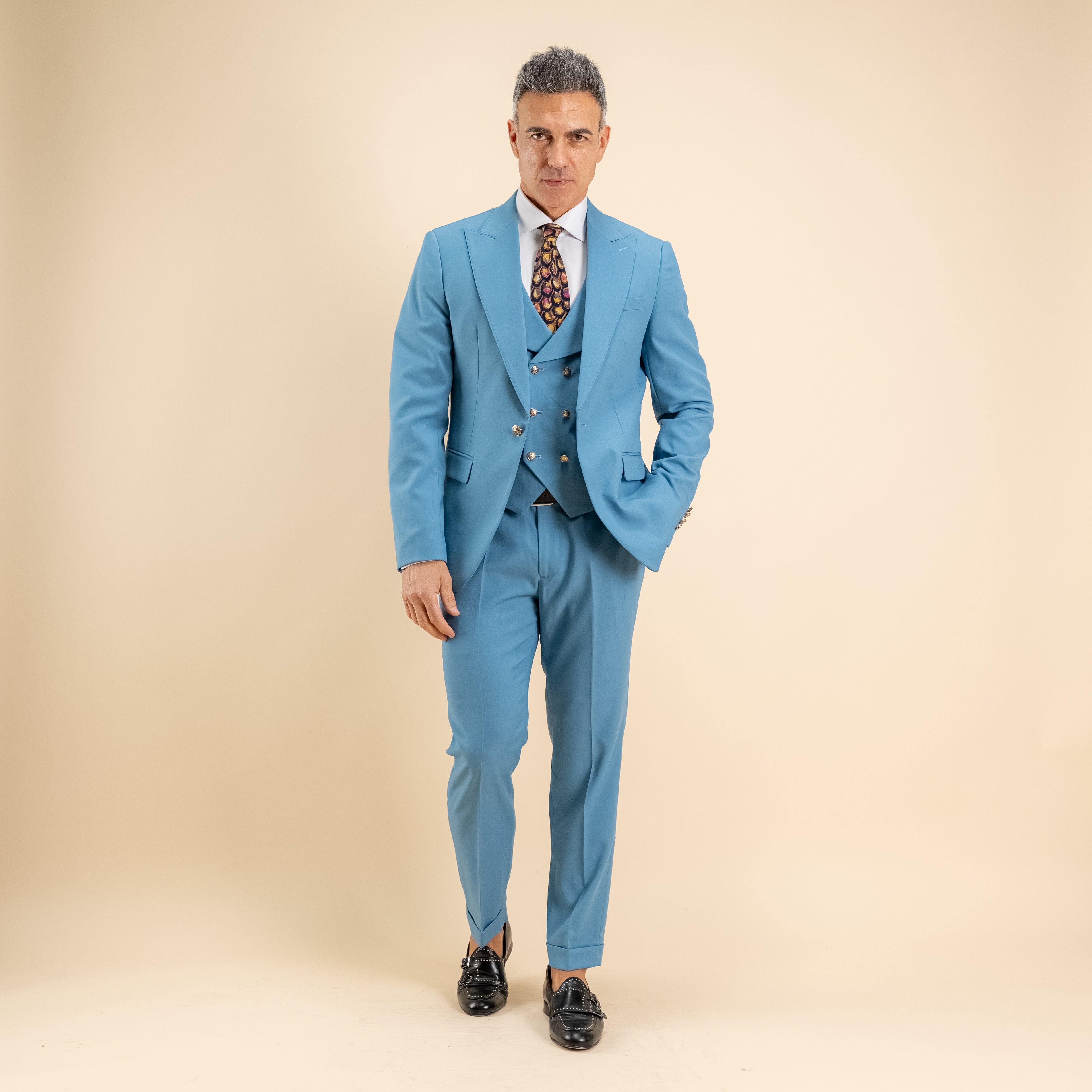 Abito monopetto bottoni oro con panciotto - Cielo