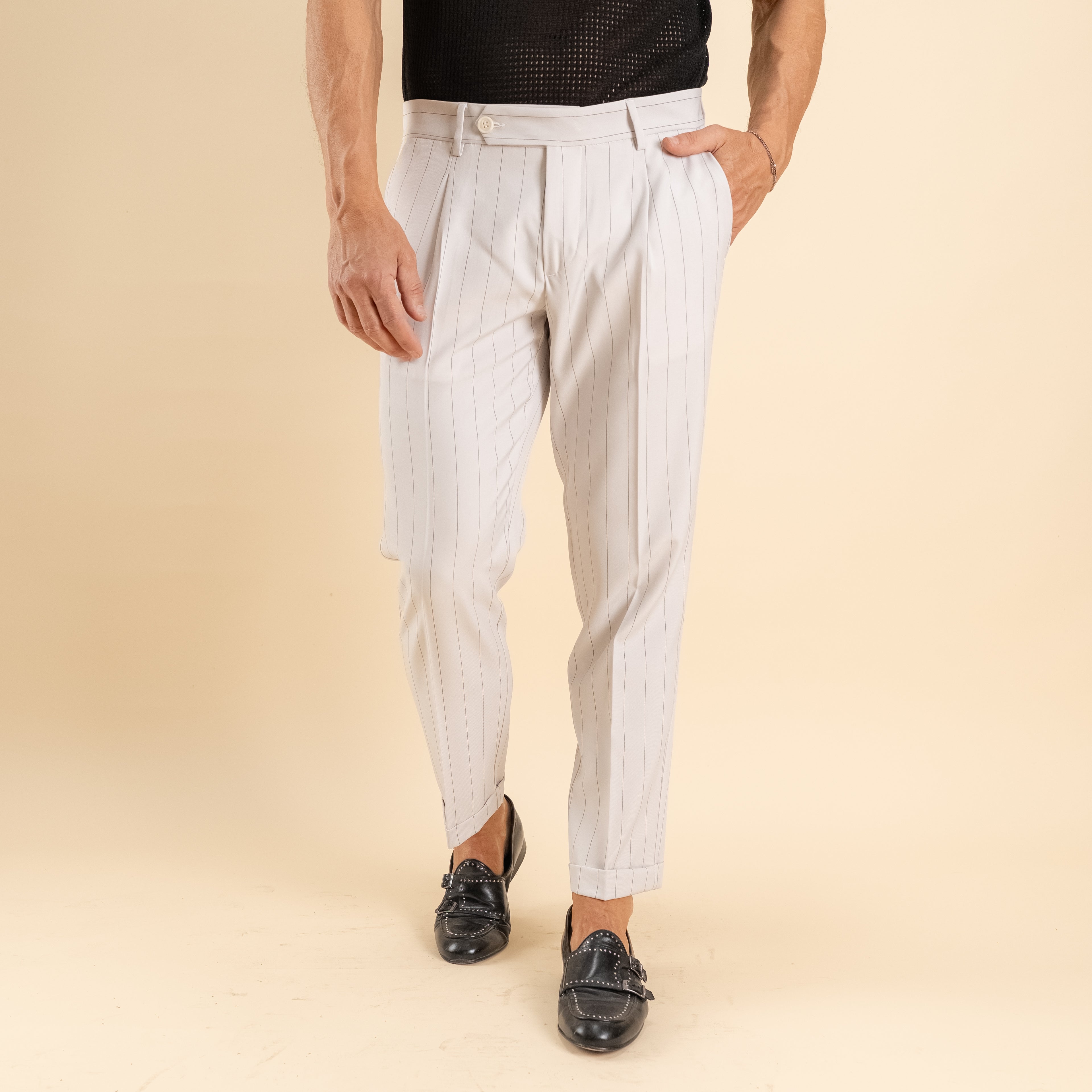 Pantalone gessato slim con chiusura laterale - Panna