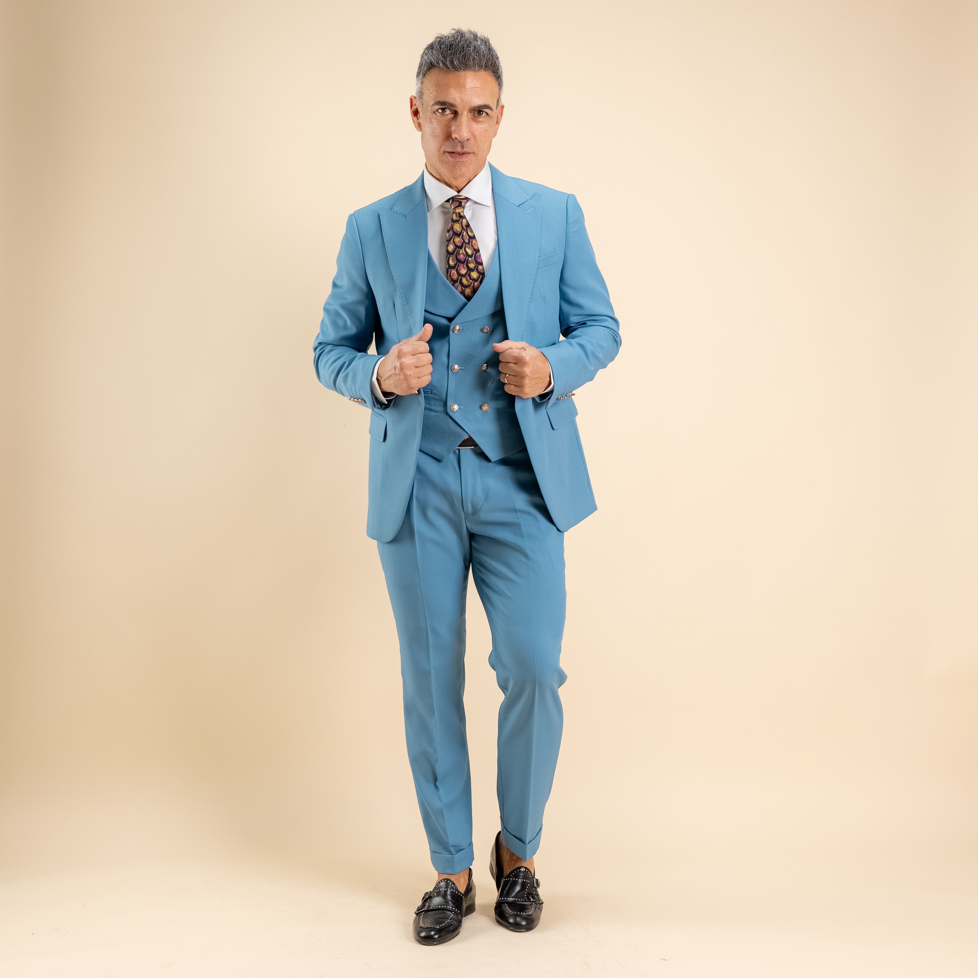 Abito monopetto bottoni oro con panciotto - Cielo