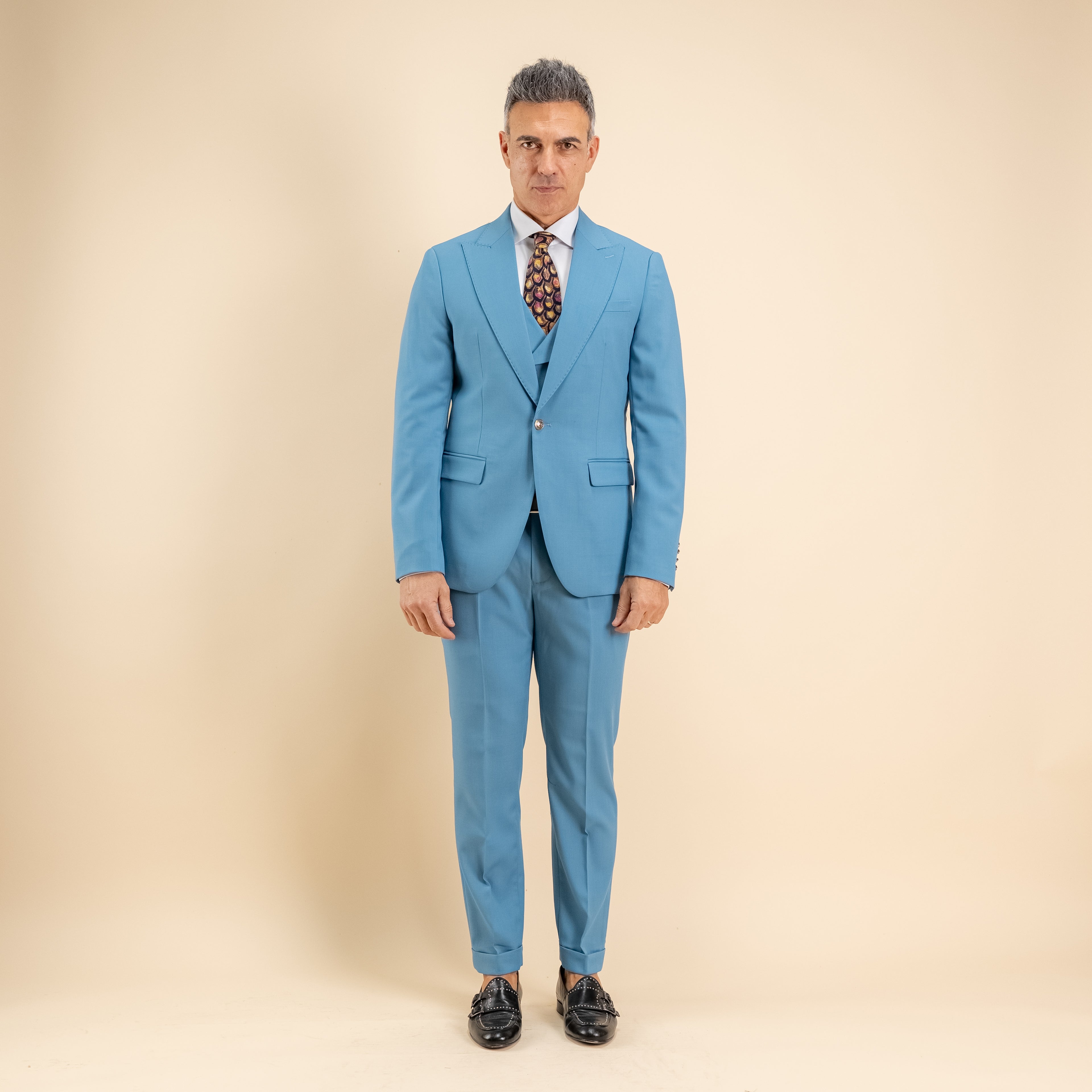 Abito monopetto bottoni oro con panciotto - Cielo