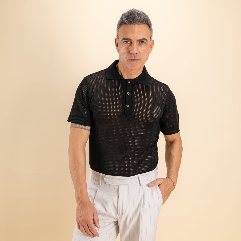 Polo traforata con bottoni a contrasto - Nero