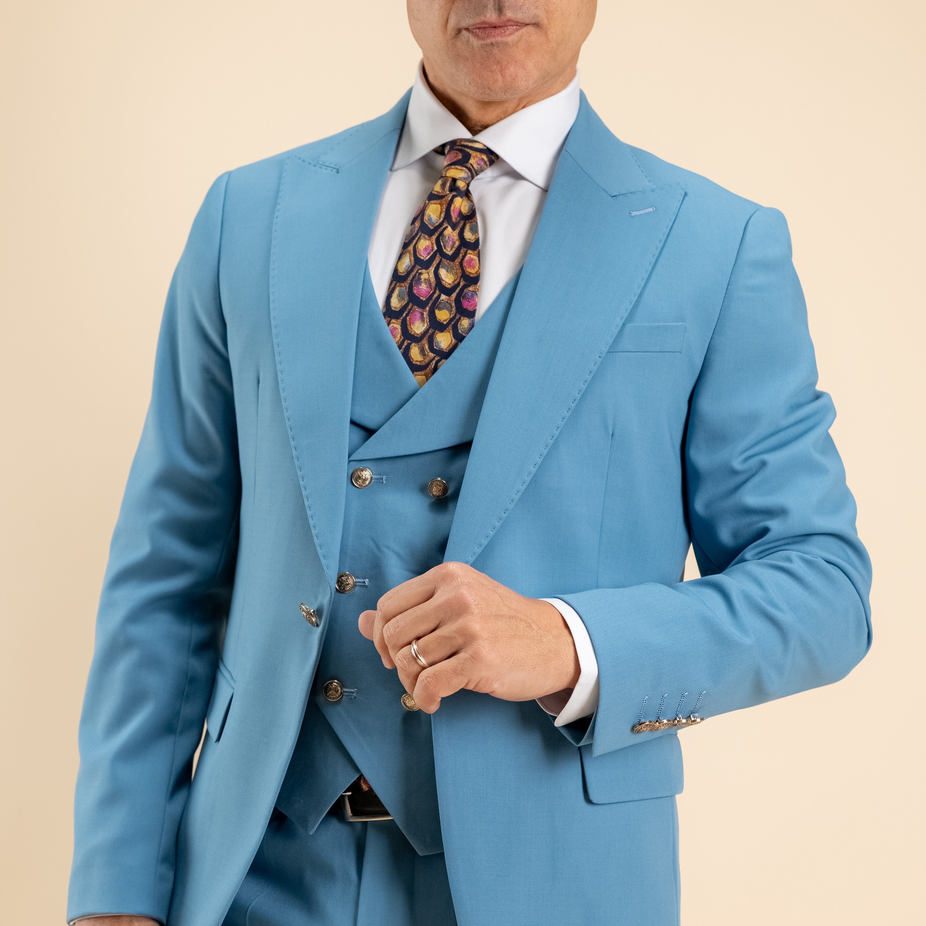 Abito monopetto bottoni oro con panciotto - Cielo