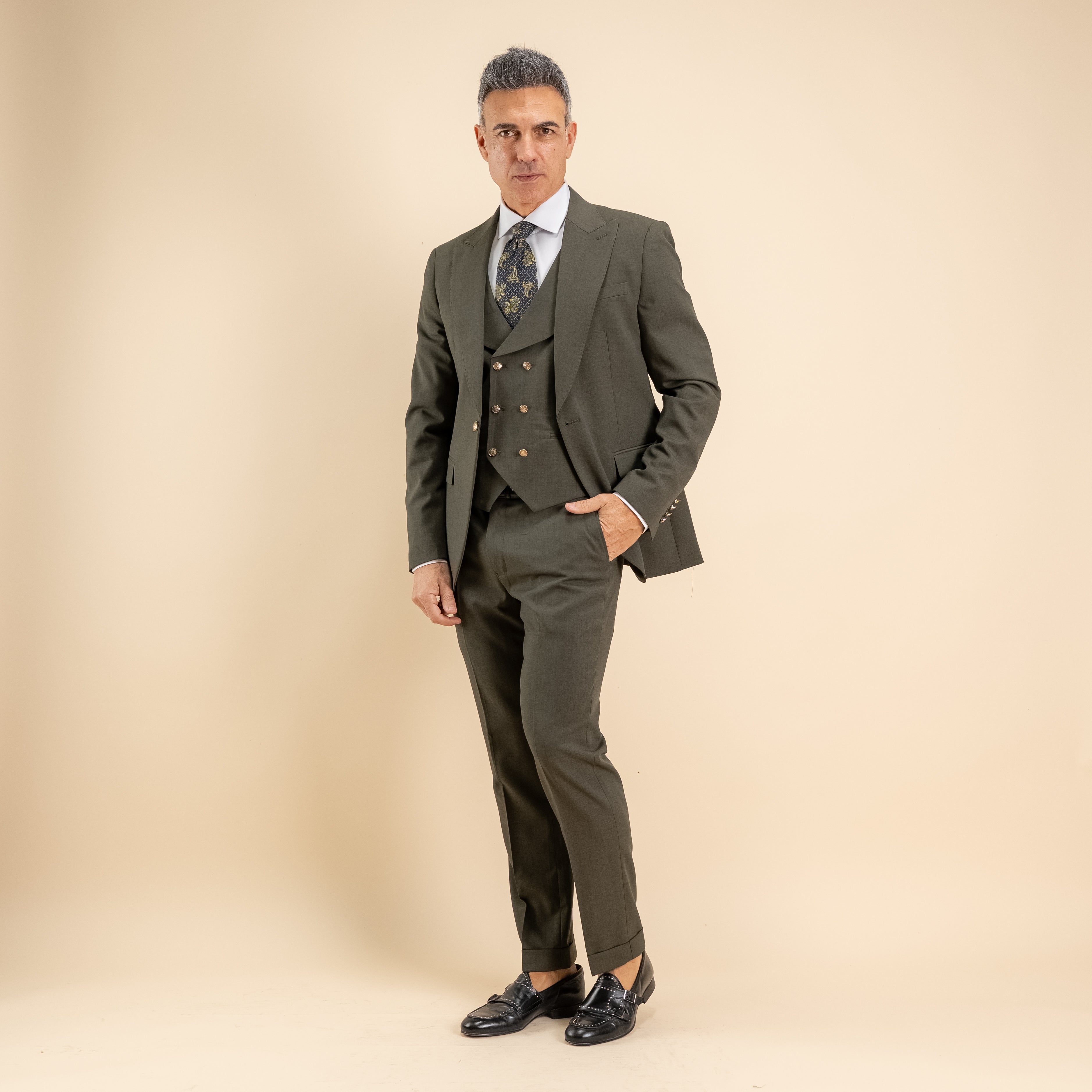 Abito monopetto bottoni oro con panciotto - Verde