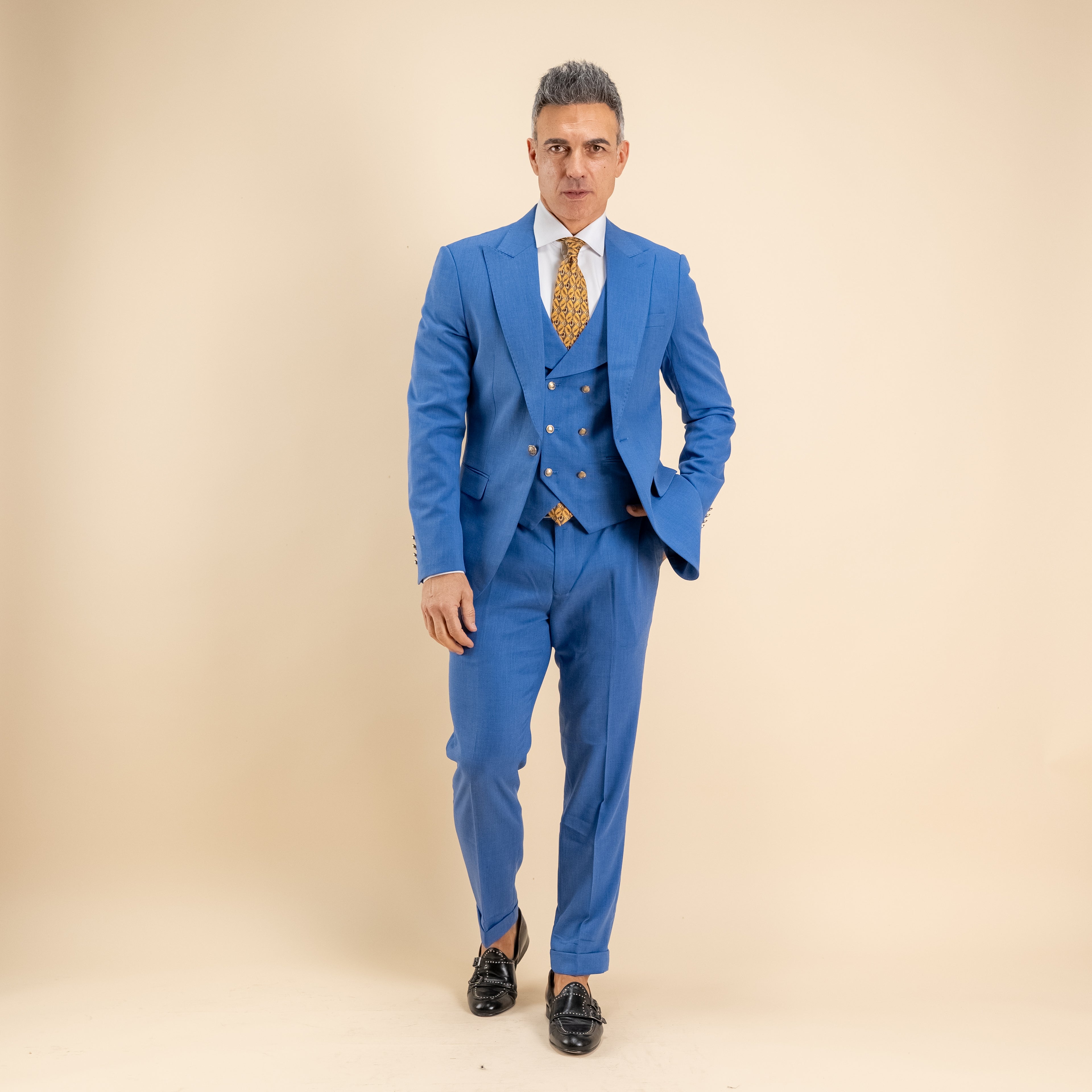 Abito monopetto bottoni oro con panciotto - Blu Royal