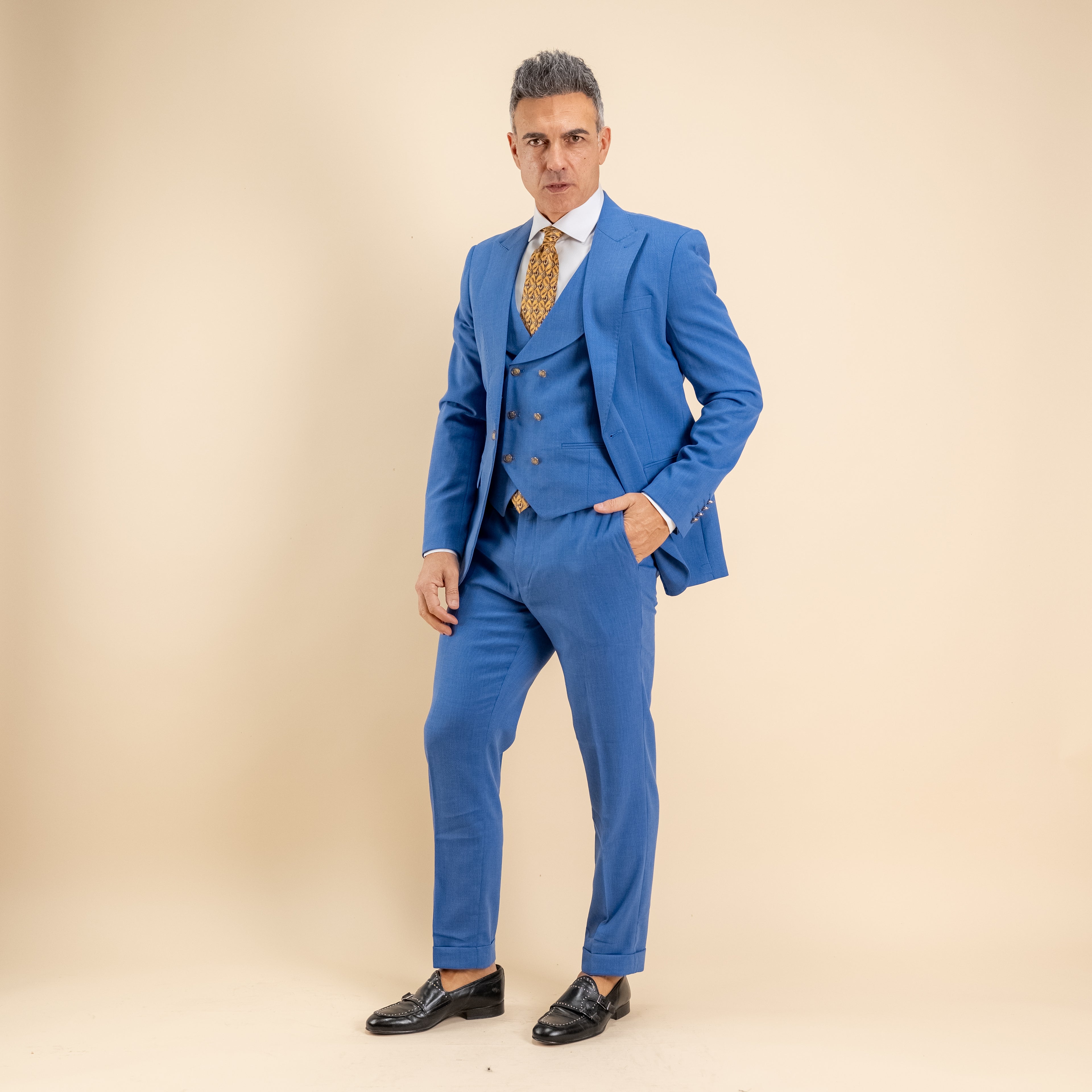 Abito monopetto bottoni oro con panciotto - Blu Royal