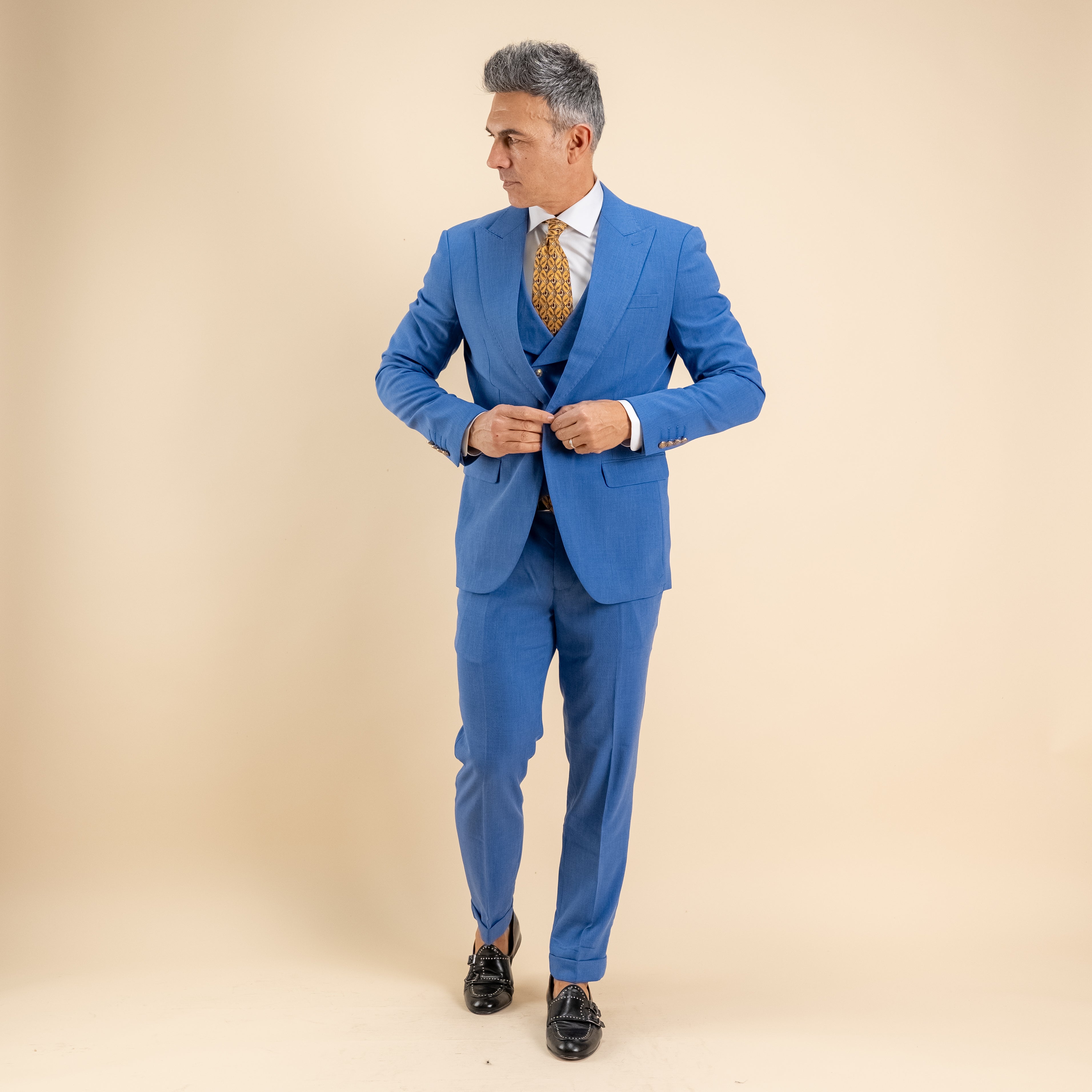 Abito monopetto bottoni oro con panciotto - Blu Royal