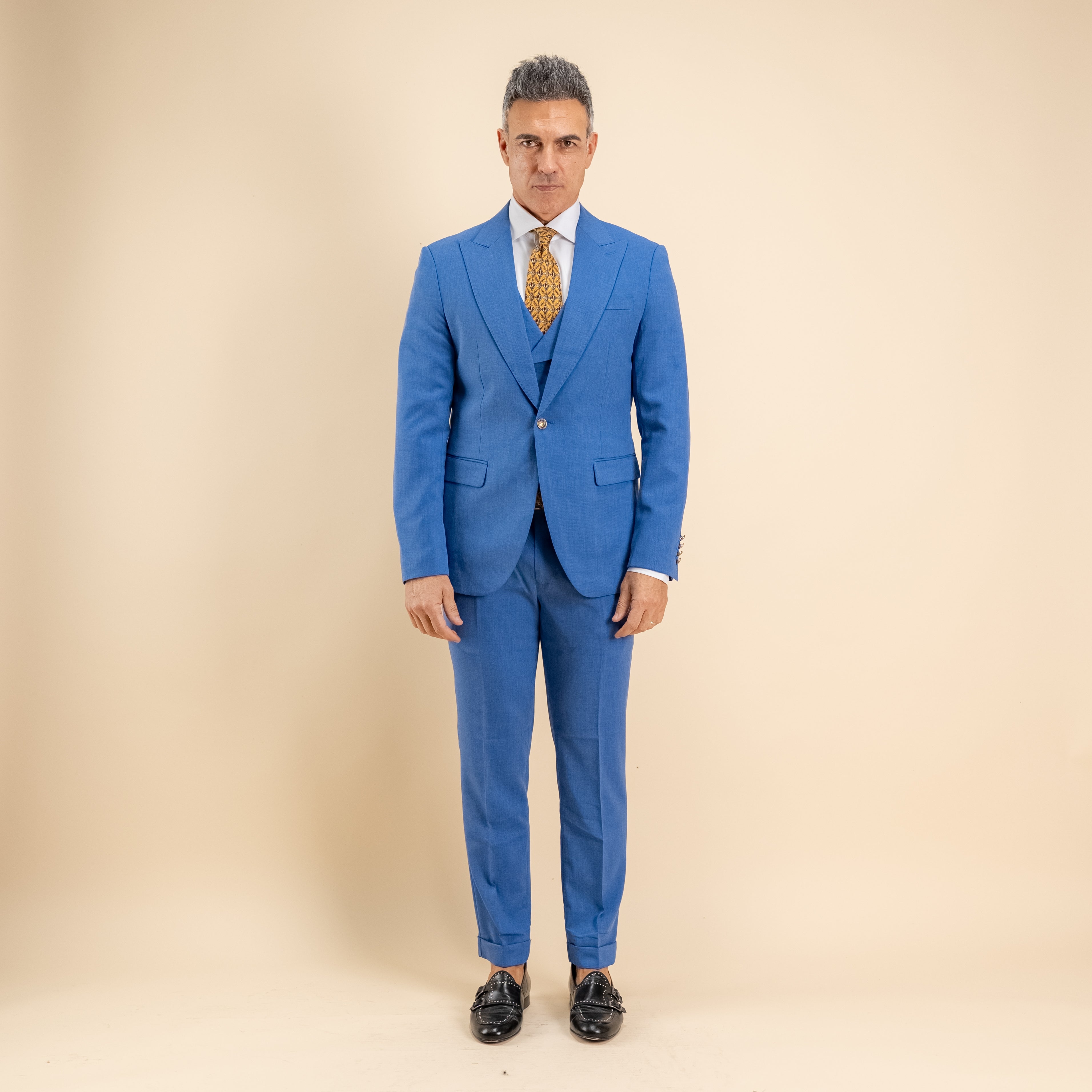 Abito monopetto bottoni oro con panciotto - Blu Royal