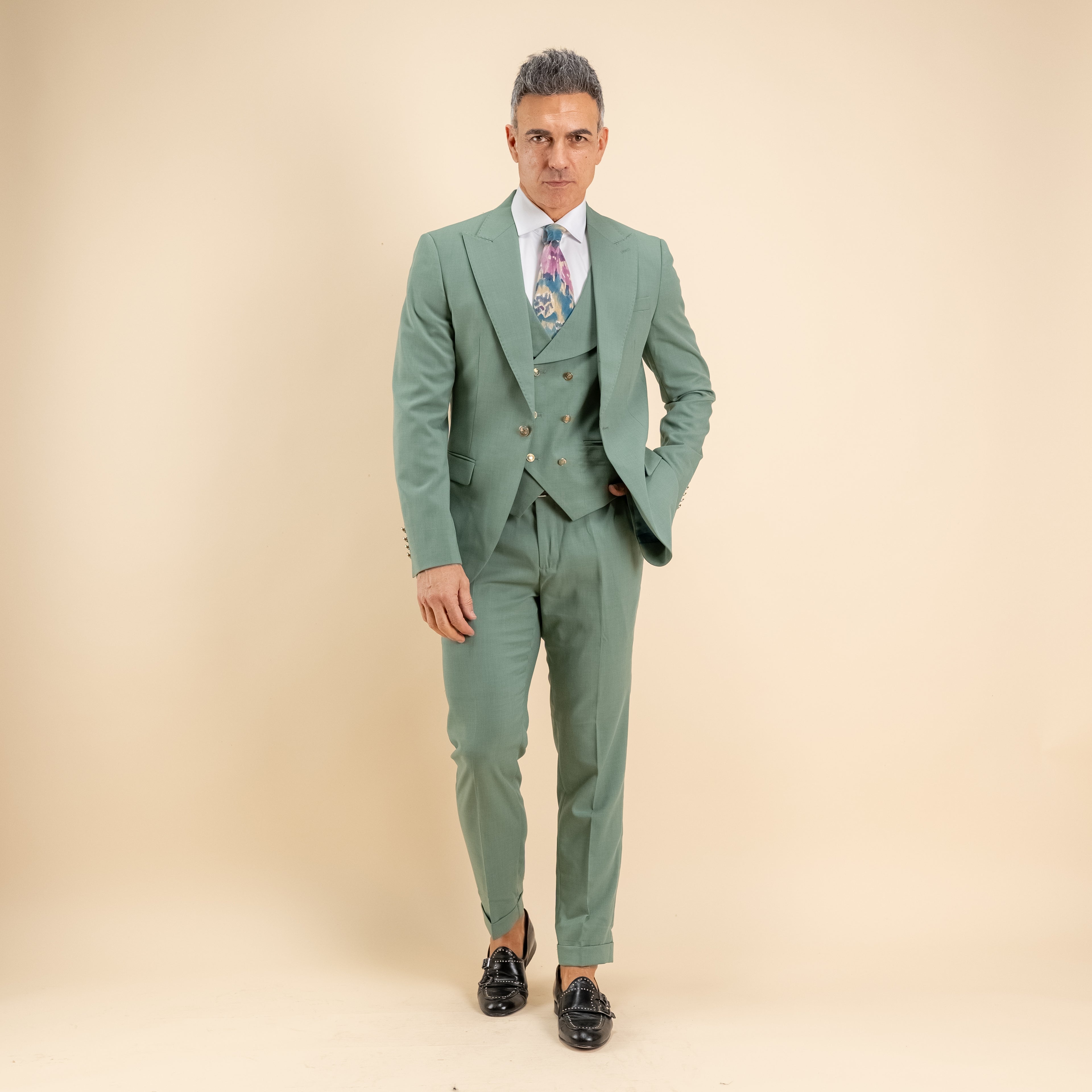 Abito monopetto bottoni oro con panciotto - Salvia