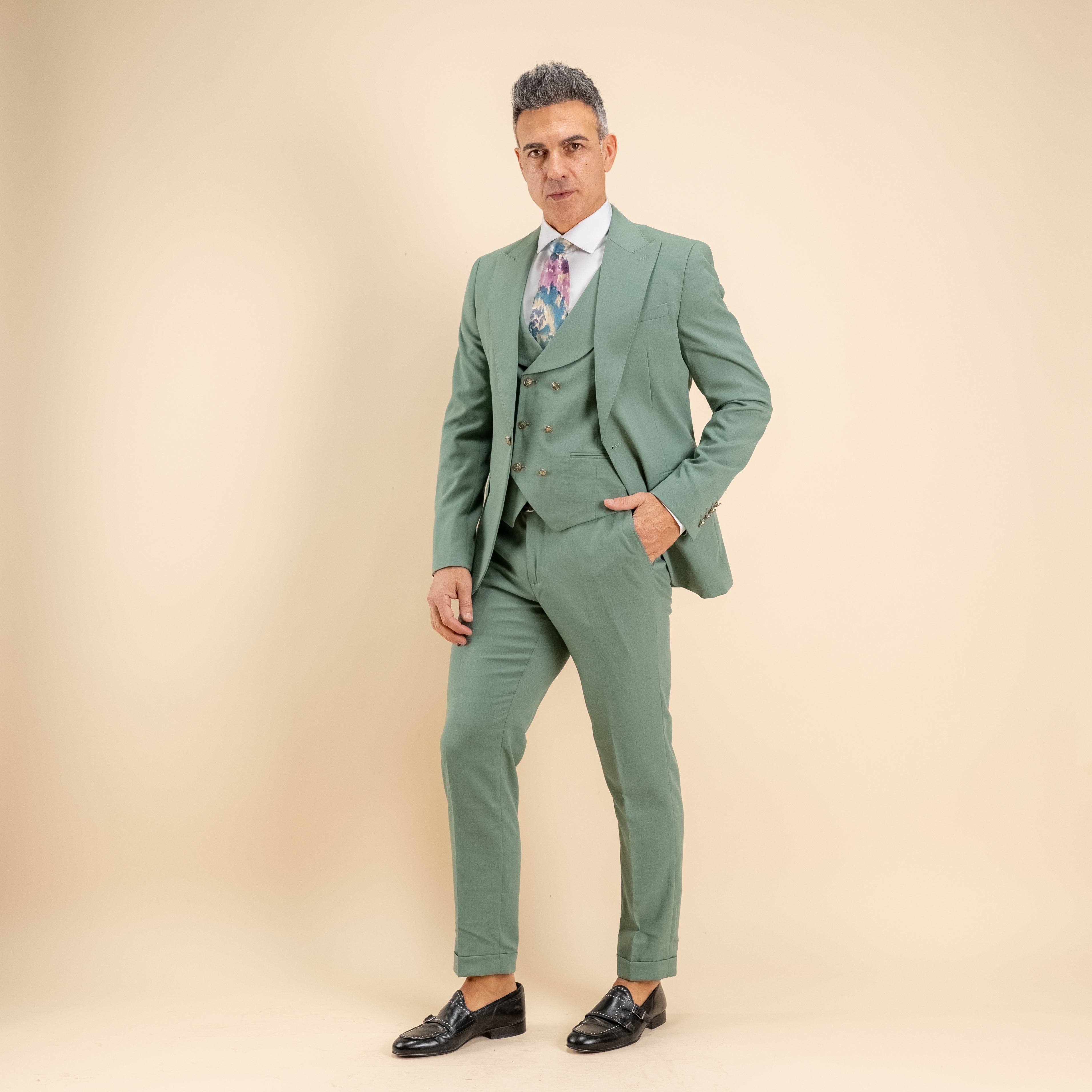 Abito monopetto bottoni oro con panciotto - Salvia