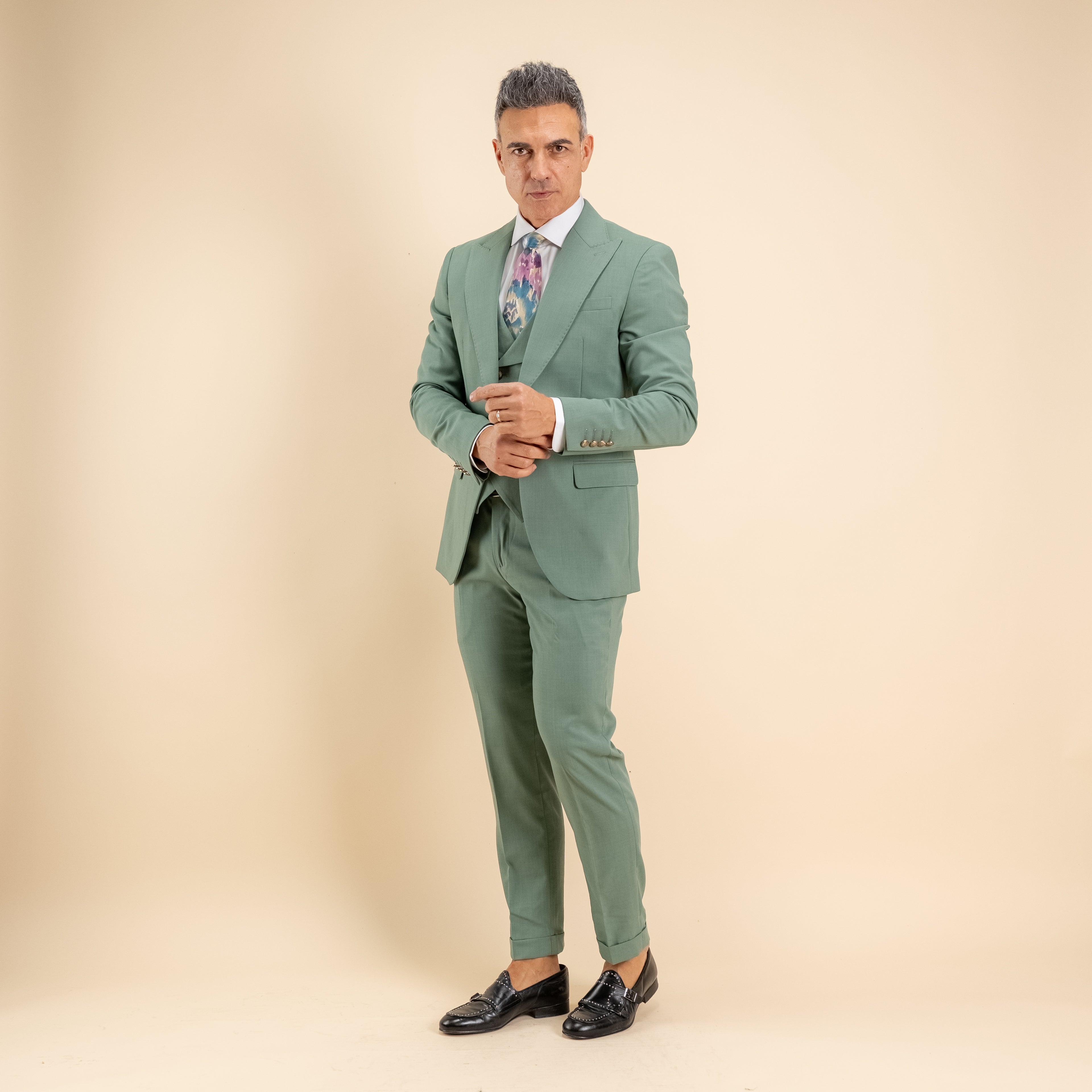 Abito monopetto bottoni oro con panciotto - Salvia