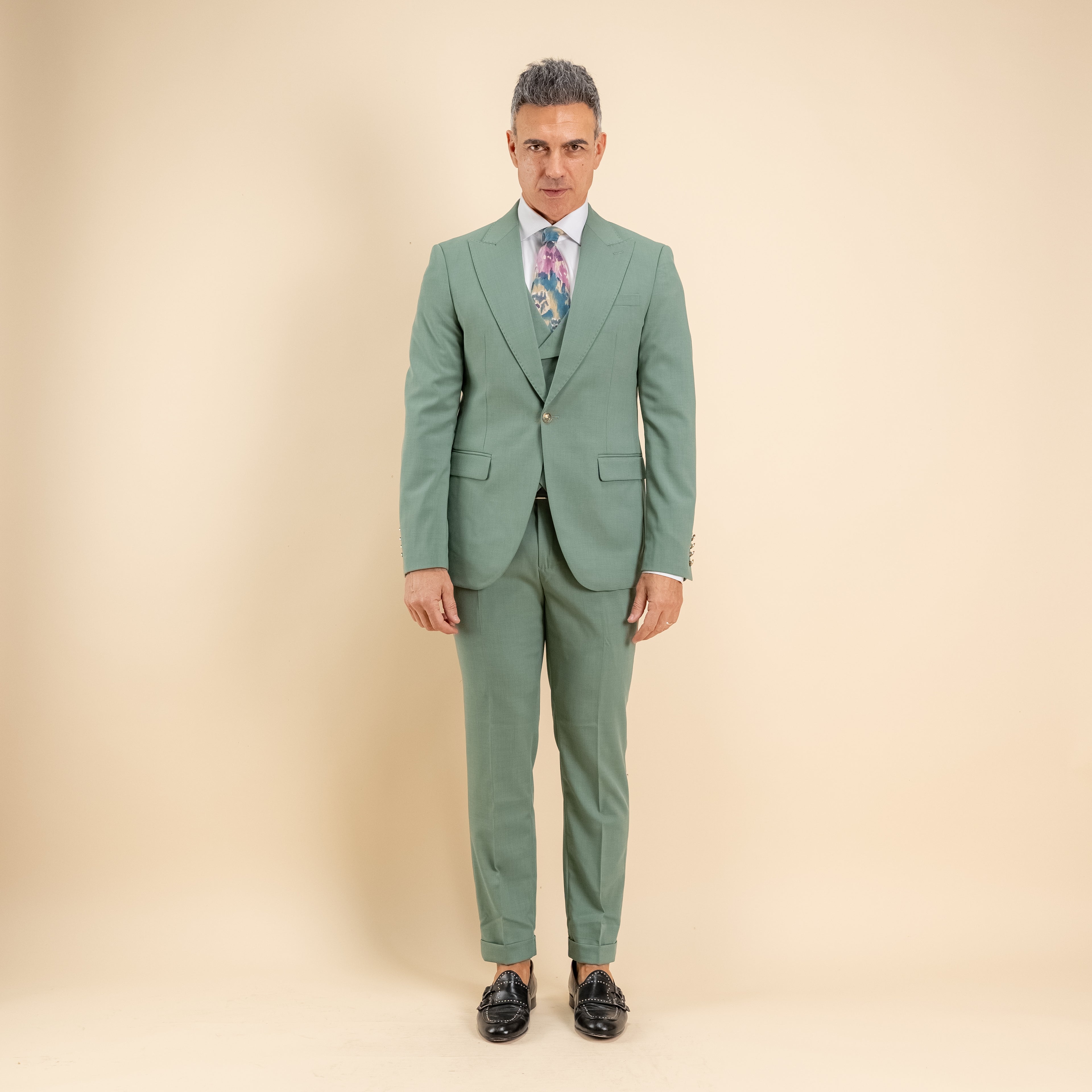 Abito monopetto bottoni oro con panciotto - Salvia