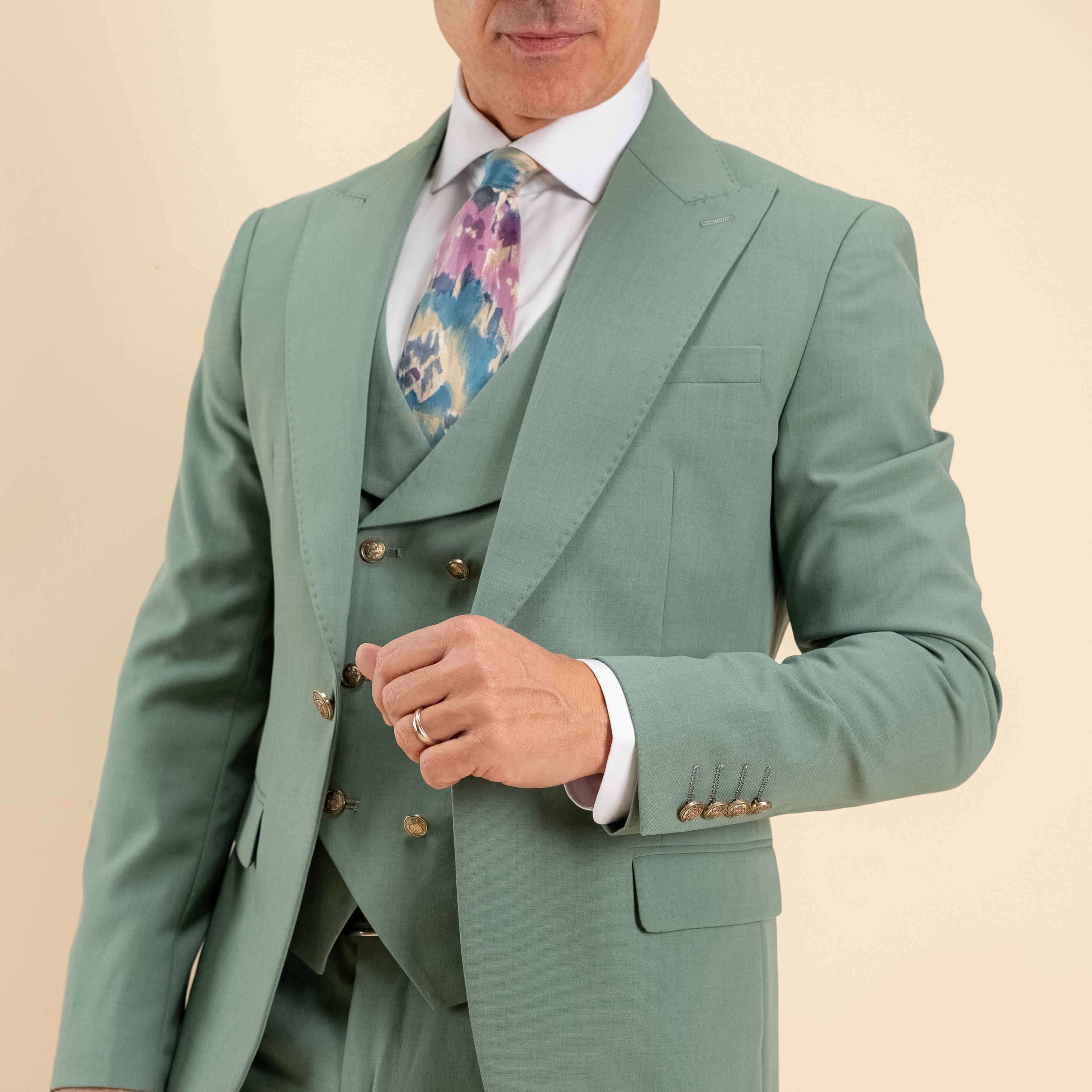 Abito monopetto bottoni oro con panciotto - Salvia