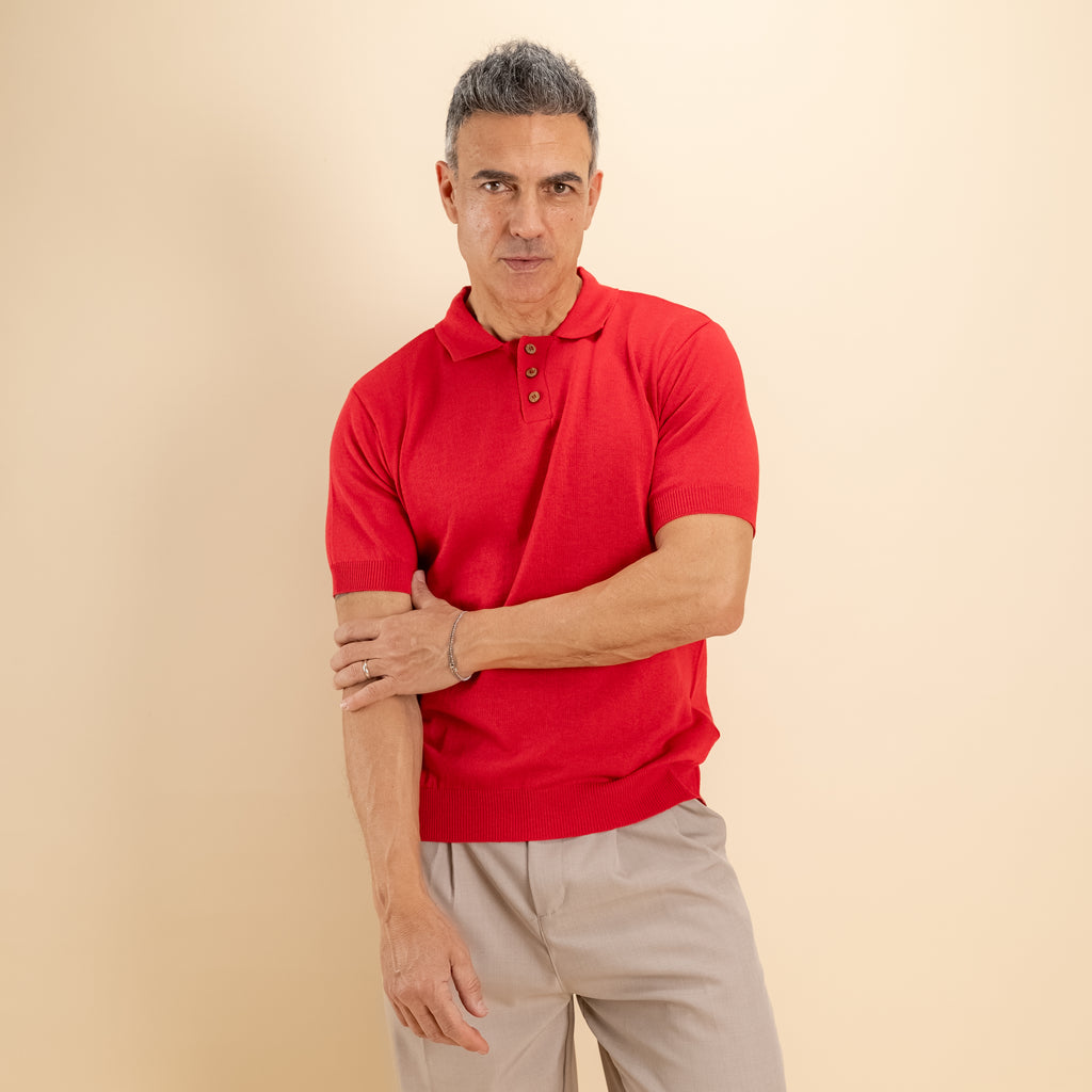 Polo in filo con bottoncini in legno - Rosso